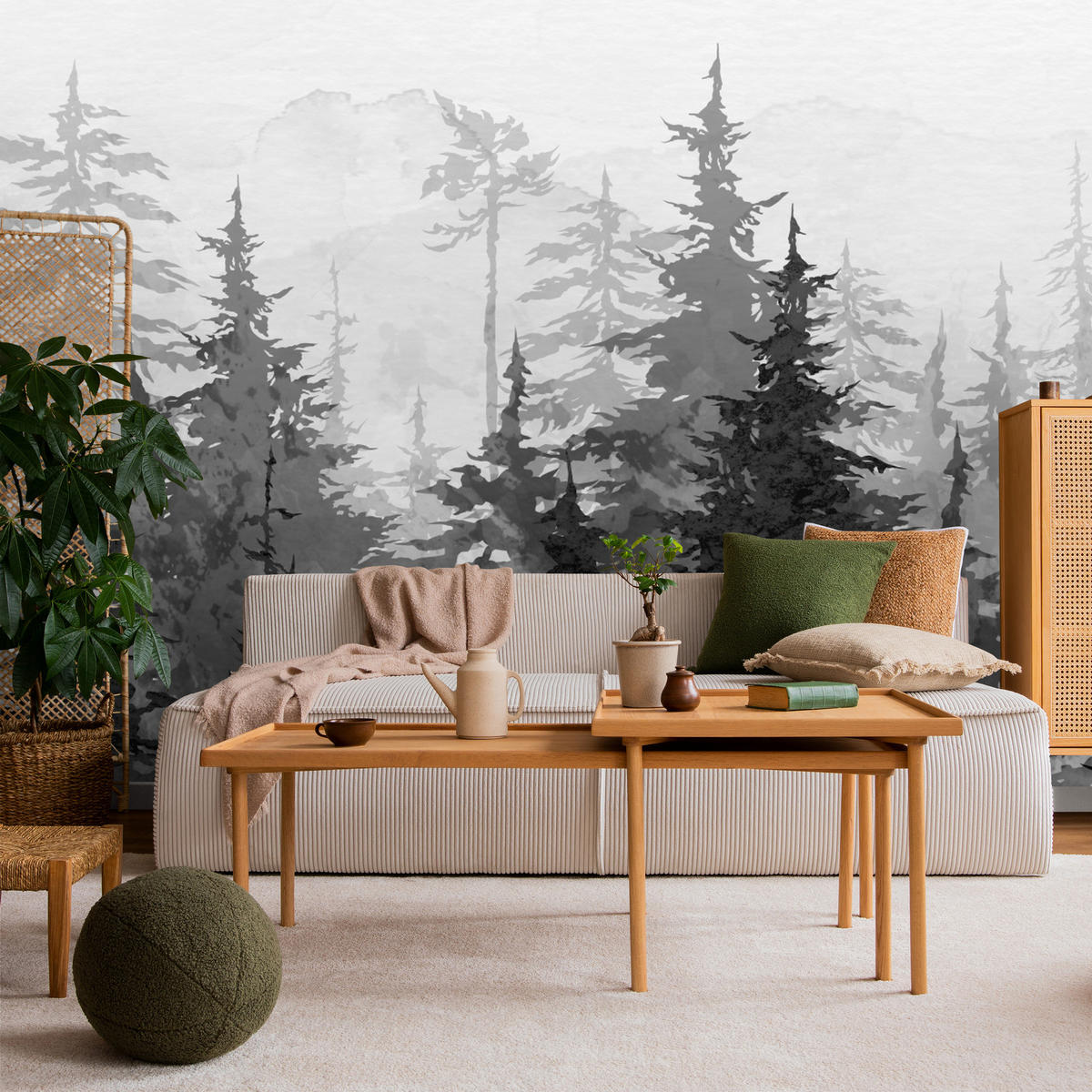 FOTOTAPETE Schwarz-Weiß WALD Bäume Natur 360x240cm - Schwarz/Weiß, Papier (360/240cm) - Muralo