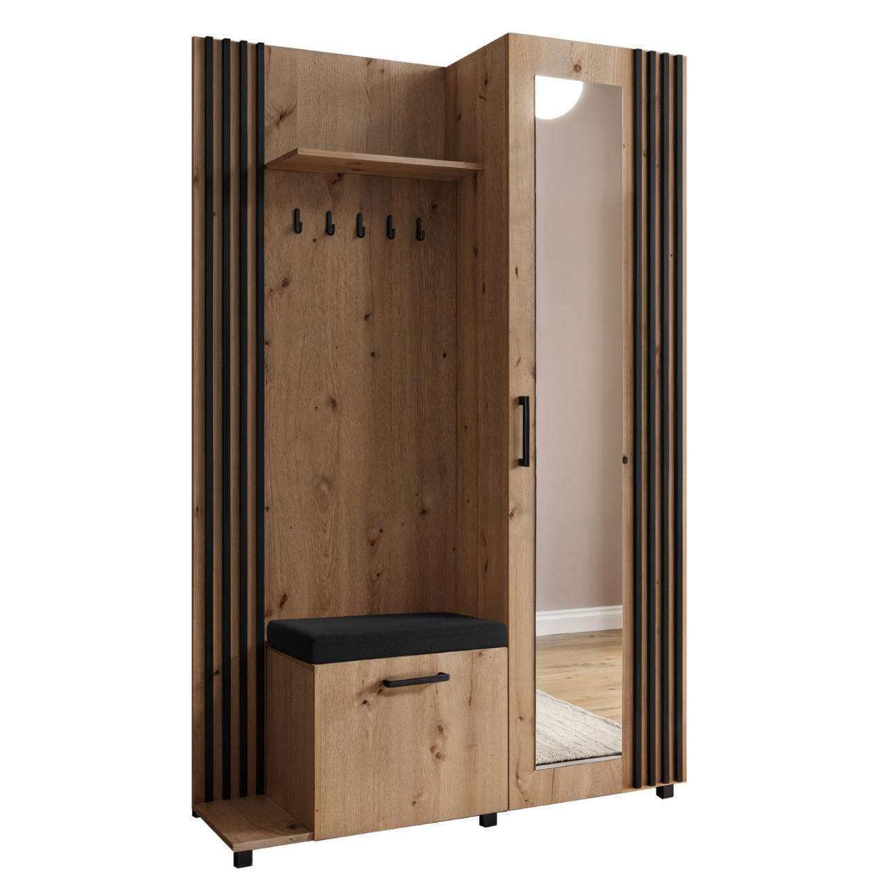 GARDEROBE Neli mit Lamellen und Spiegel, links, artisan, schwarz - Schwarz/Eiche Artisan, Kunststoff (79/207/42cm) - Margaret Hadas24
