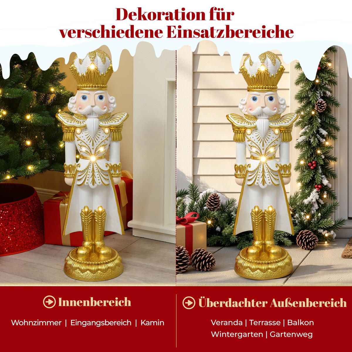HOMETOPIA Nussknacker Figur 91 cm, Weihnachtsdeko mit 8 LEDs, Timer, MgO - Goldfarben, Naturmaterialien (25/91/29cm) - Hometopia
