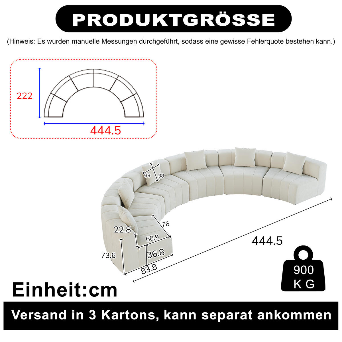 SITZGARNITUR Geschwungen modular 6-Sitzer mit 2 Kissen, DE-42718, Beige - Beige, Textil (444.5/73.6/83.5cm) - ComfortXL