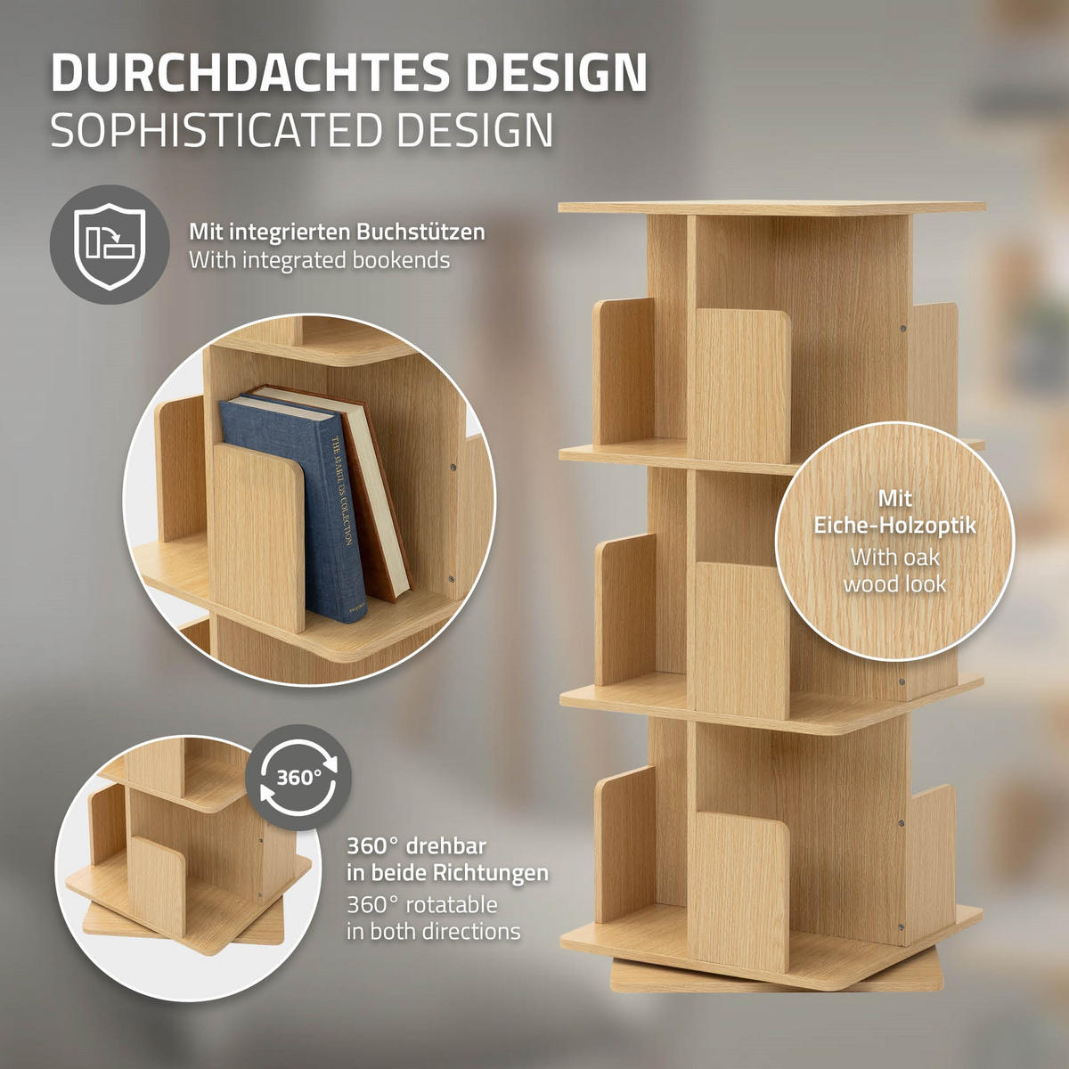 BÜCHERREGAL Kinder mit 3 Ebenen Eiche 40x94x40 cm Drehbar 360 Grad - Beige, Holzwerkstoff (40/94/40cm) - ML-DESIGN
