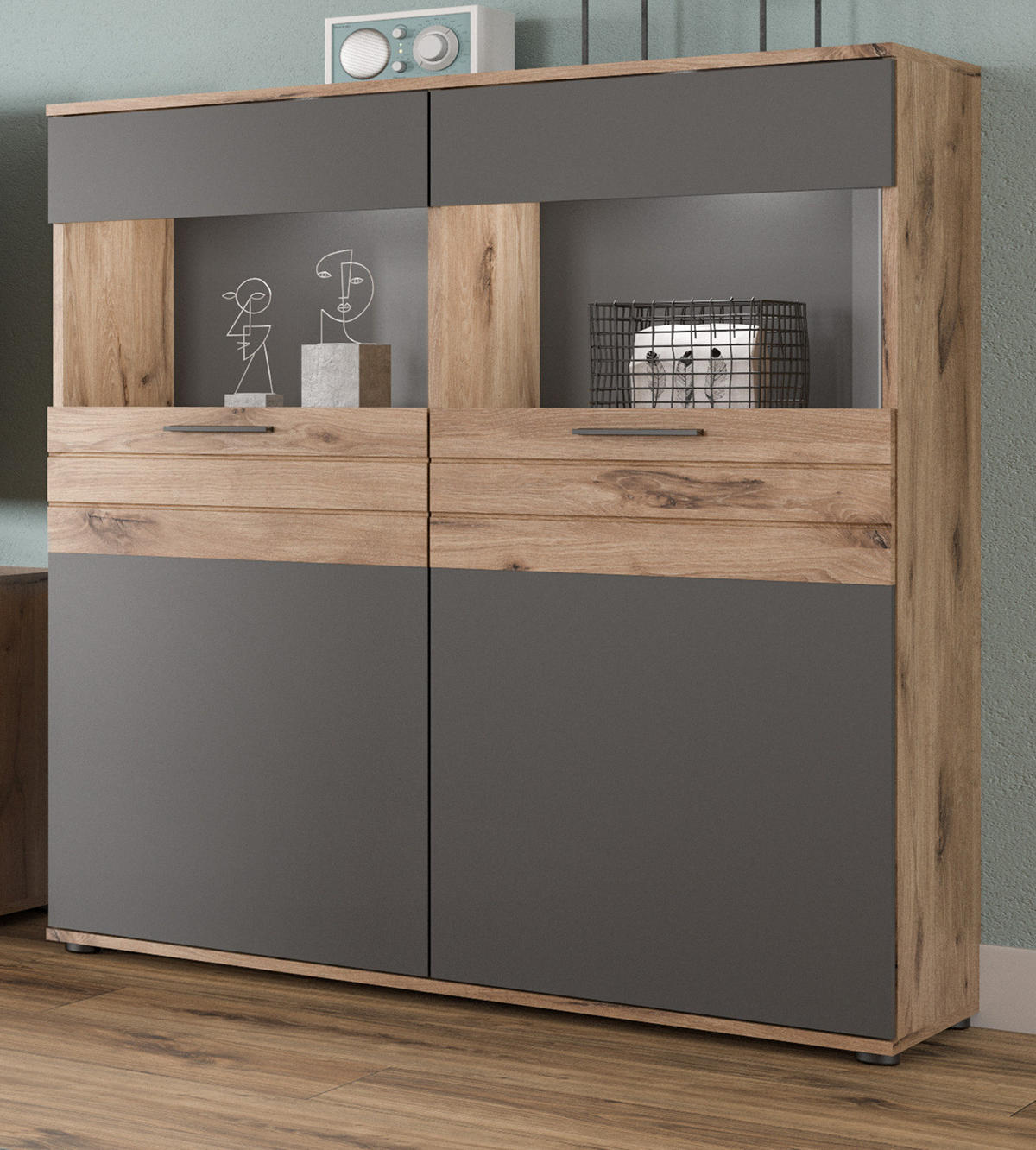 HIGHBOARD Eiche, grau 110/122 cm mit Soft-Close, Wohn- und Esszimmermöbel - Eichefarben/Schwarz, Glas/Holzwerkstoff (110/122/37cm) - Inn.Furn
