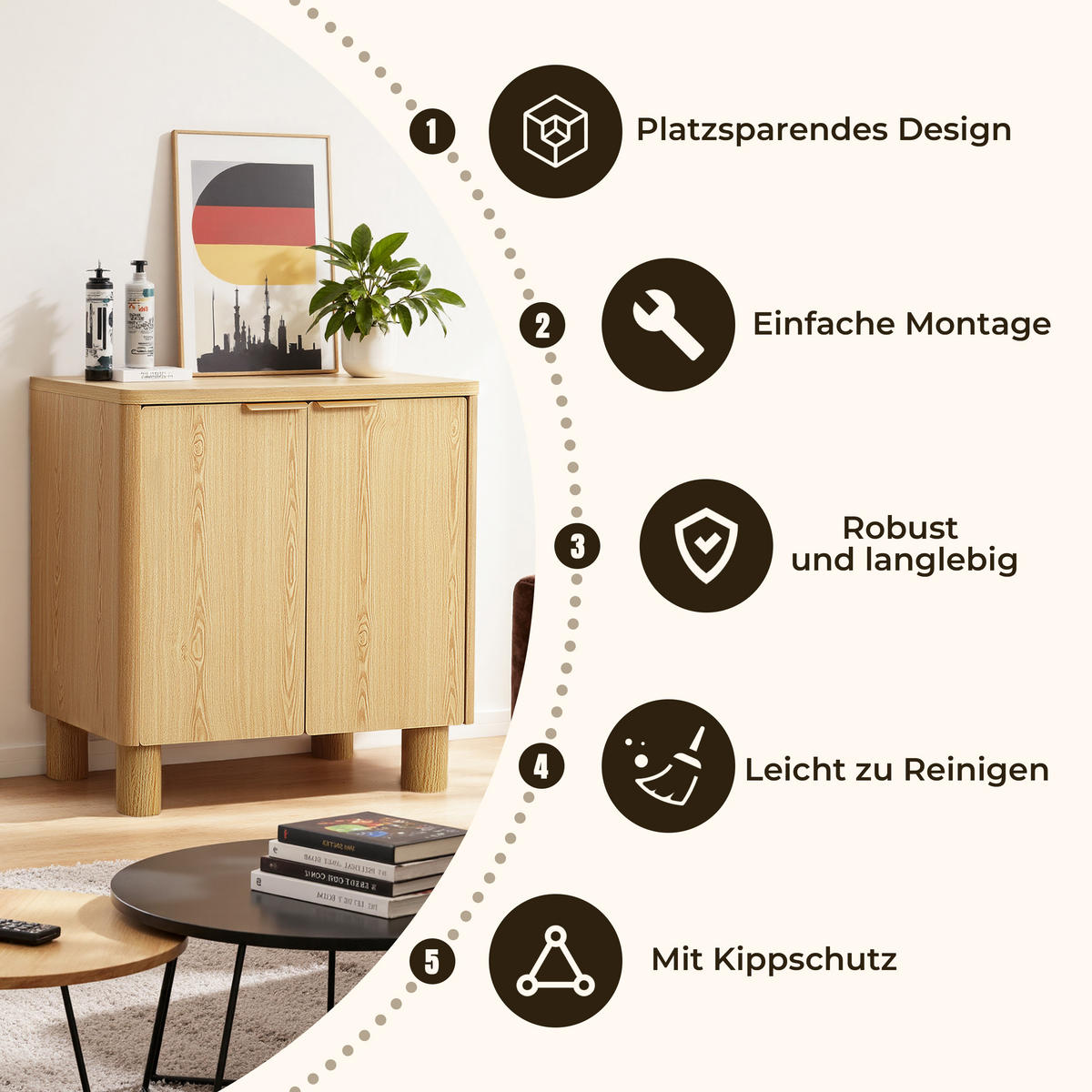 MODERNES Sideboard Wohnzimmer, Kommode mit 2 Türen | B72 x T39,5 x H75 cm - Eichefarben/Braun, Holz (72/75/39.5cm) - Hometopia