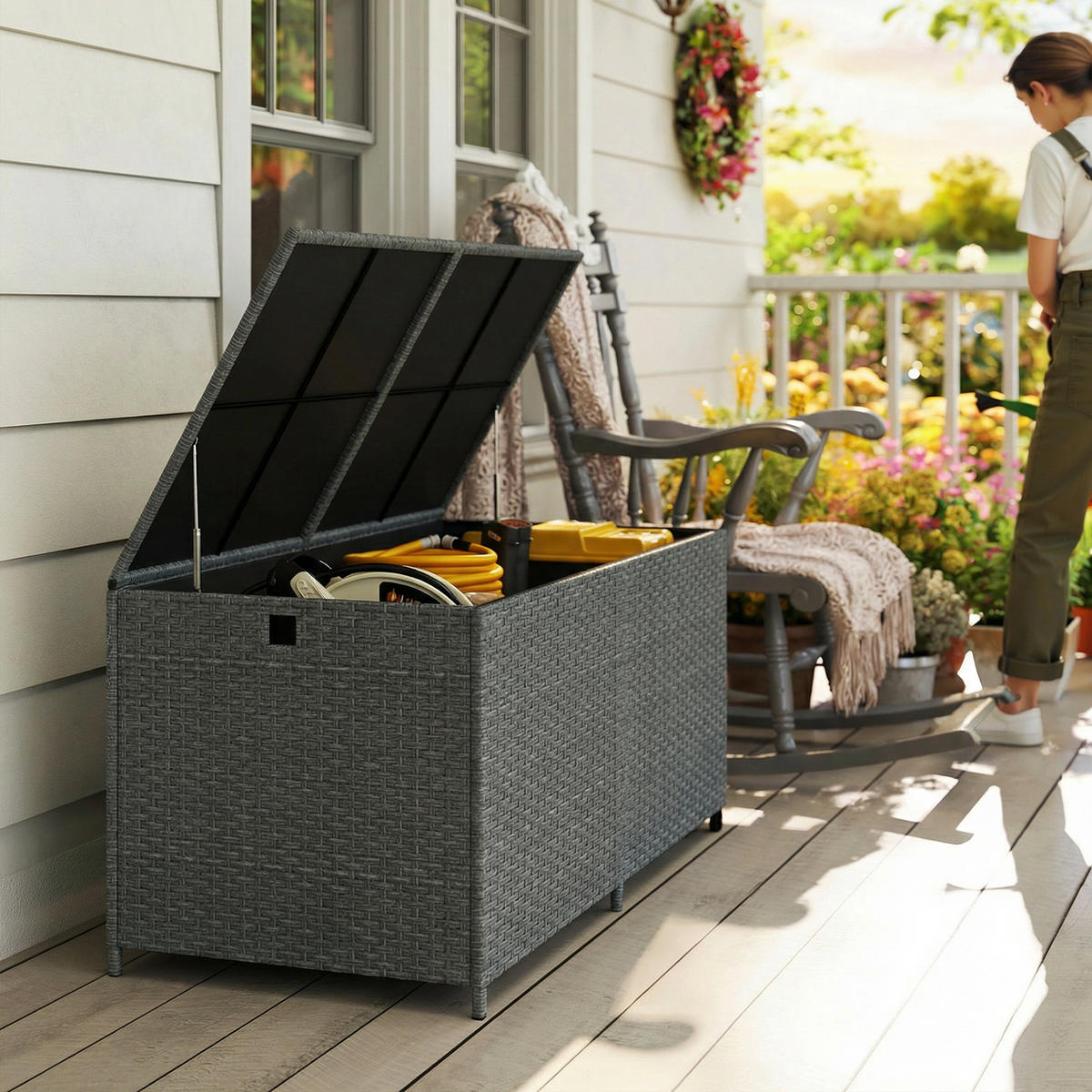 GARTENBOX PE-Rattan Stahl Dunkelgrau - Dunkelgrau, Kunststoff (75/74/150cm) - Outsunny
