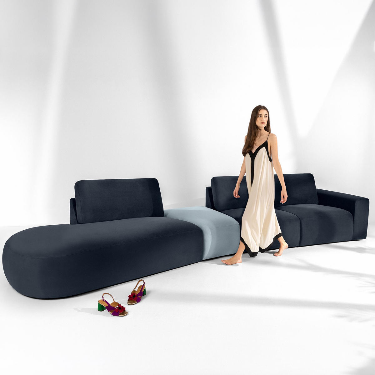 5-SITZER ECKSOFA ZUCCO Velour links, Marineblau - Blau, Textil (430/84/105cm) - KONSIMO®