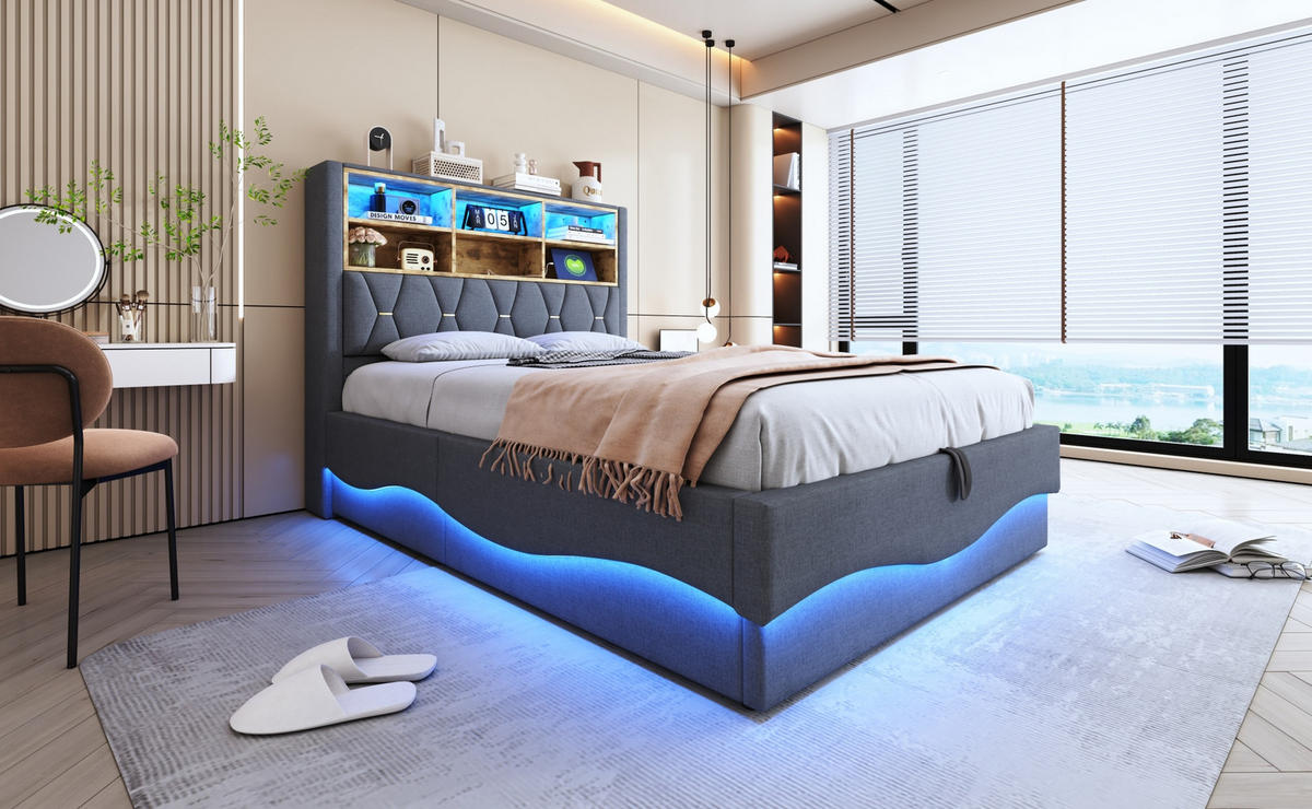 POLSTERBETT 140/200 cm Grau aus Leinen mit LED-Beleuchtung und Stauraum - Grau, Metall (140/200cm) - OKMYHOME