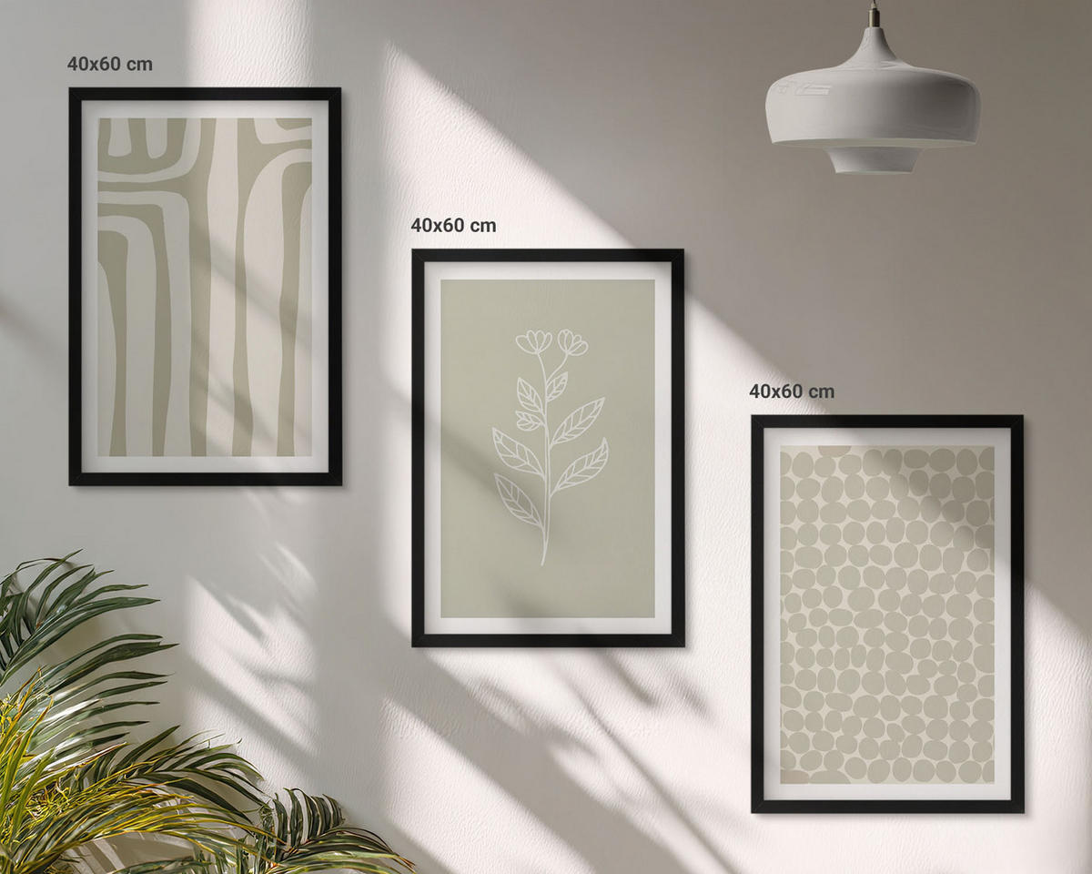BILDER SET 3er Set - 40x60 cm Schwarzer Rahmen - Geometrische Pflanzenmuster - Schwarz, Kunststoff (40/60cm) - TULUP