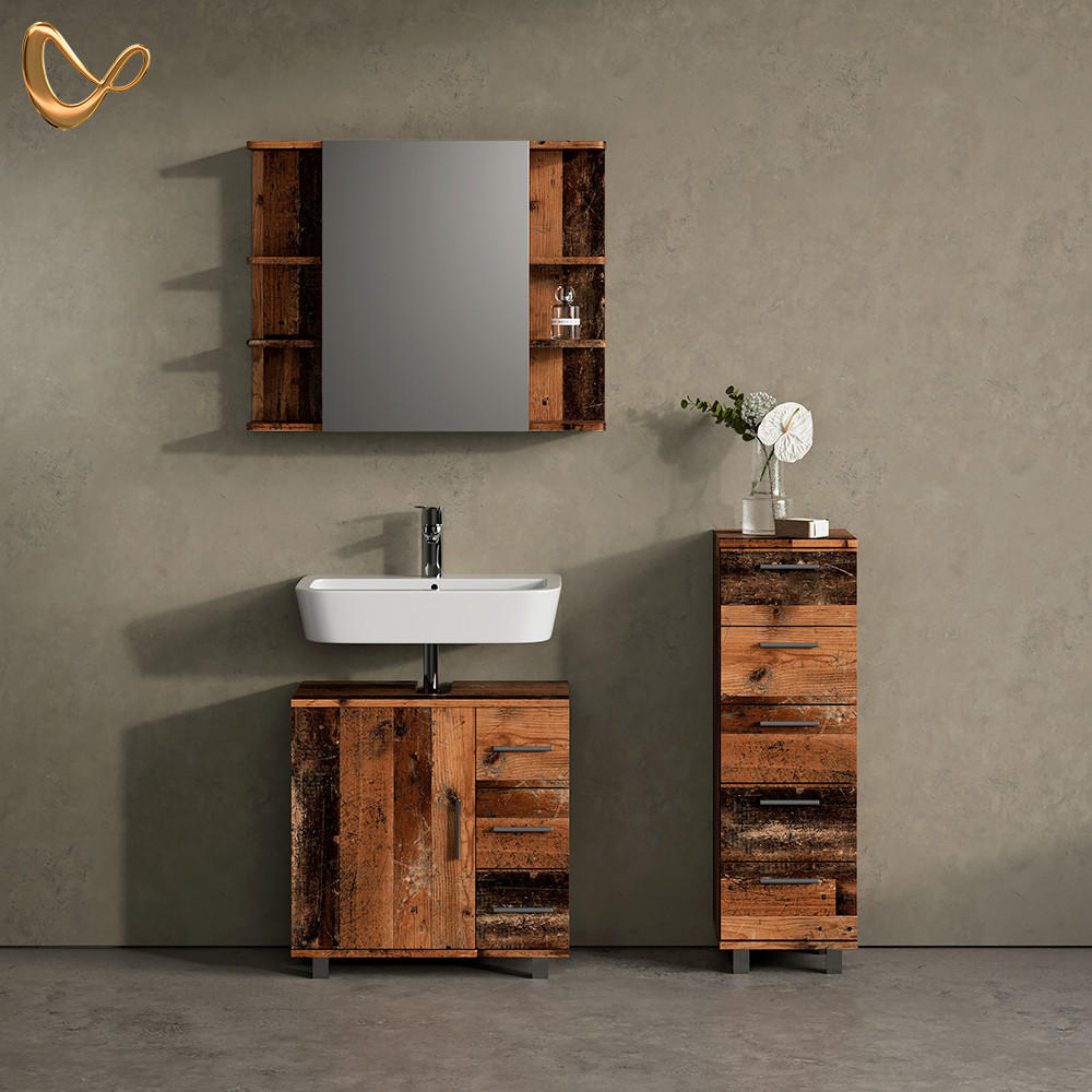 WASCHBECKENUNTERSCHRANK Eisak Eiche rustikal 60 x 60 cm mit Tür und 3 Schubladen - Wildeiche, Holzwerkstoff (60/60/33cm) - Livinity®
