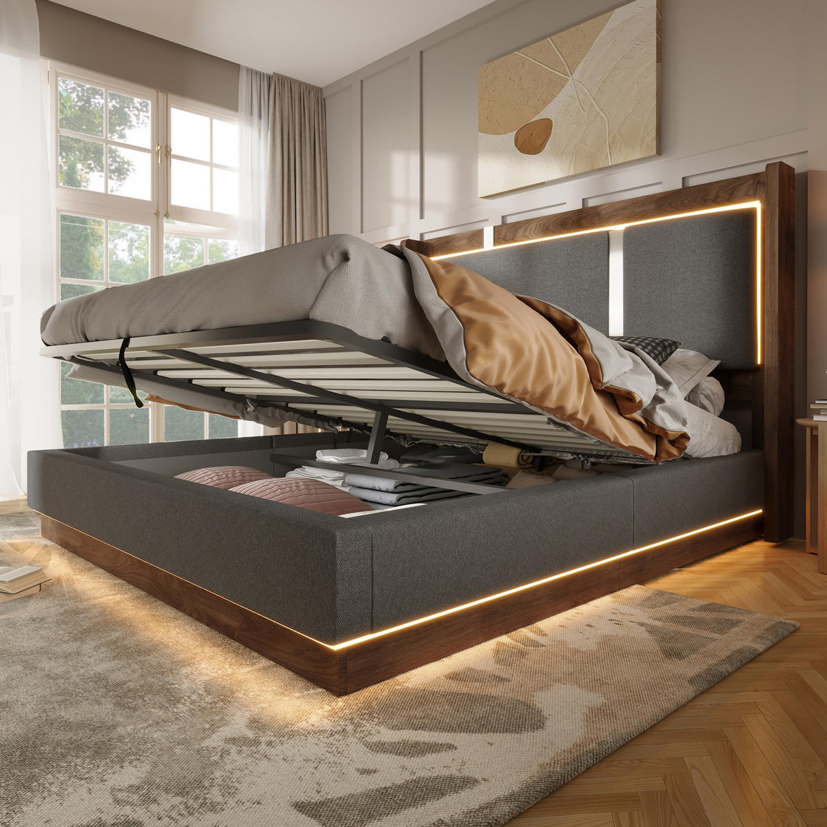 POLSTERBETT 140/200 cm Grau mit LED und Bettkasten, ohne Matratze - Grau, Textil (140/200cm) - Oxeza