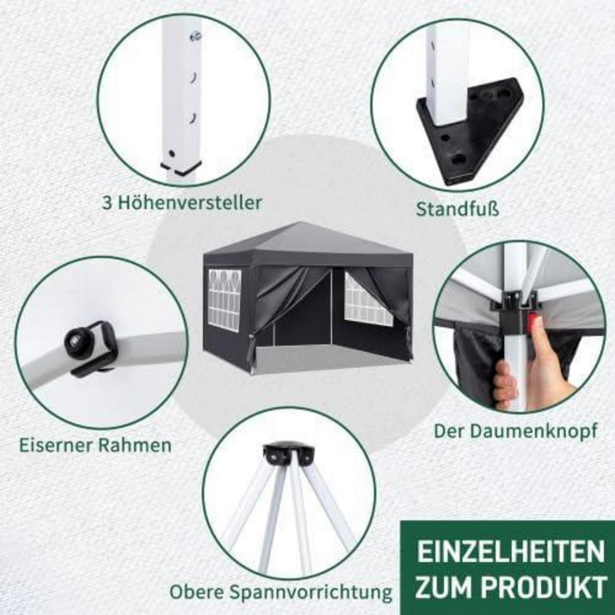 PAVILLON 3 x 3 m wasserdicht UV Schutz 50+ mit 4 Seitenteilen Dunkelgrau - Anthrazit, Metall (255/300/300cm)