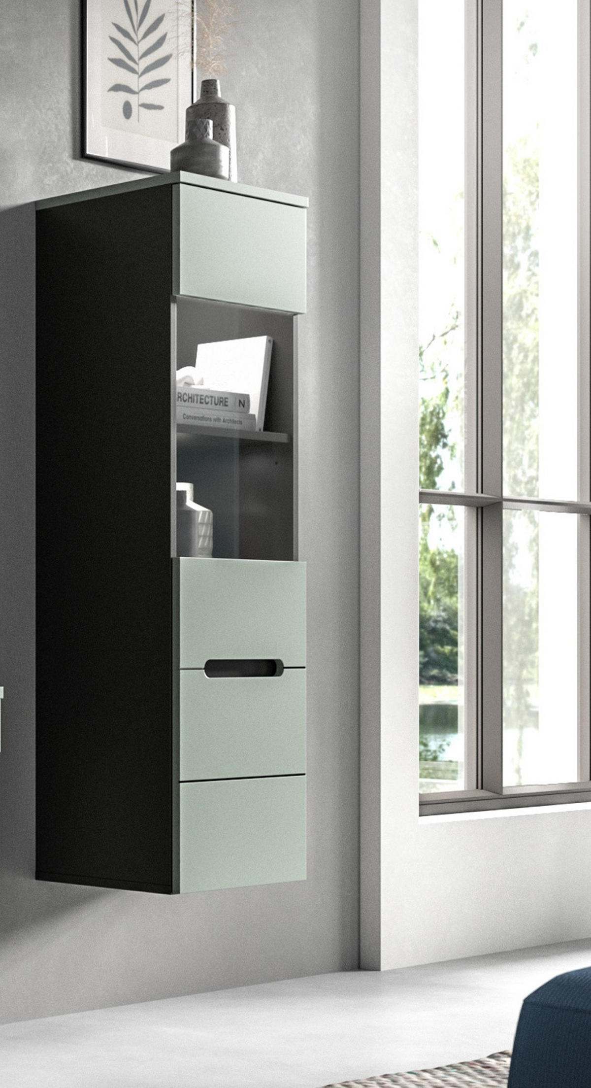 VITRINE Salbei Grün, Basalt Grau hängend / stehend 36 cm mit Soft-Close - Salbeigrün/Schwarz, Glas/Holzwerkstoff (36/125/33cm) - Inn.Furn