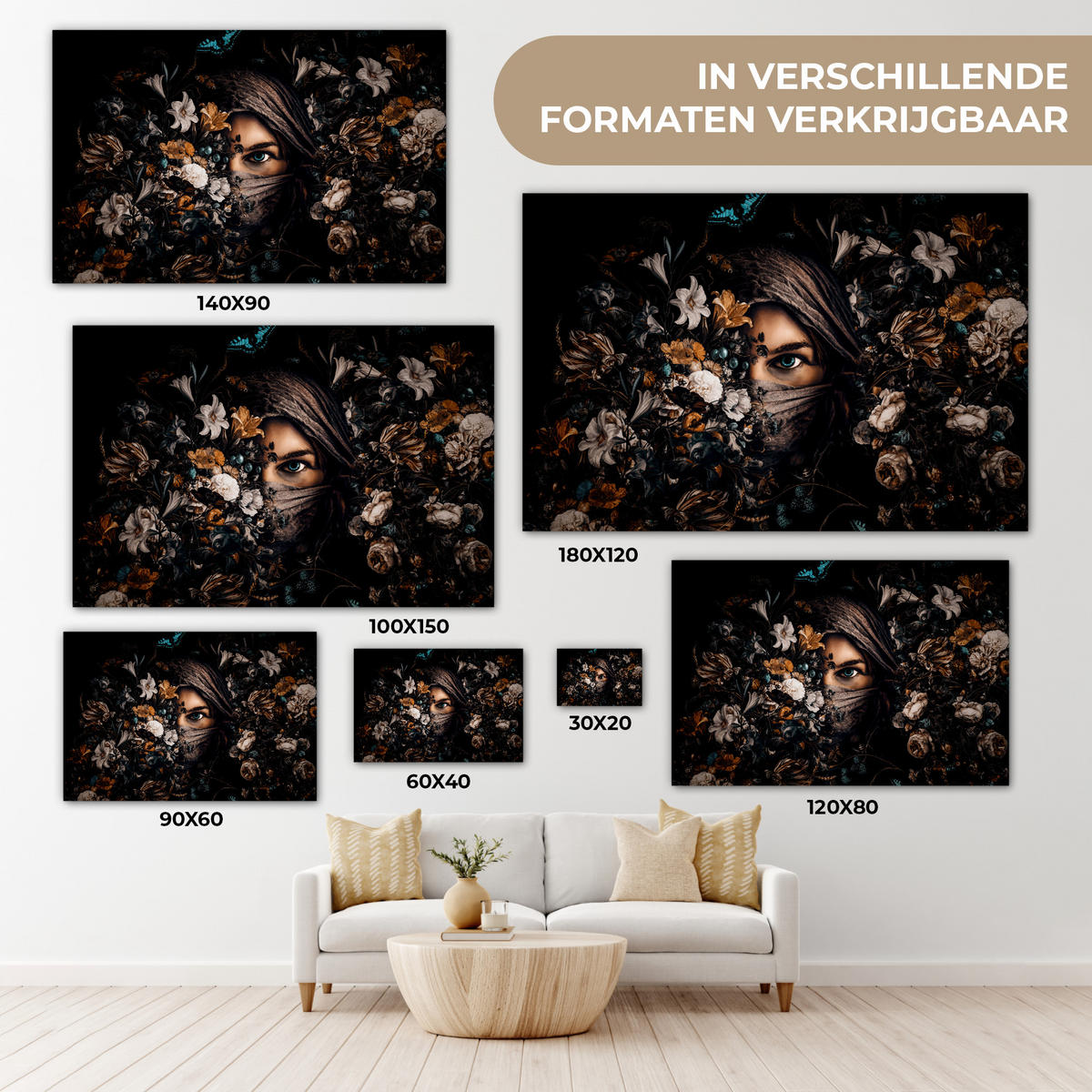 LEINWANDBILD Frau - Luxus - Blumen - Schmetterling - Porträt Deko Schlafzimmer 30x20 cm - Schwarz, Textil (30/20cm) - MuchoWow