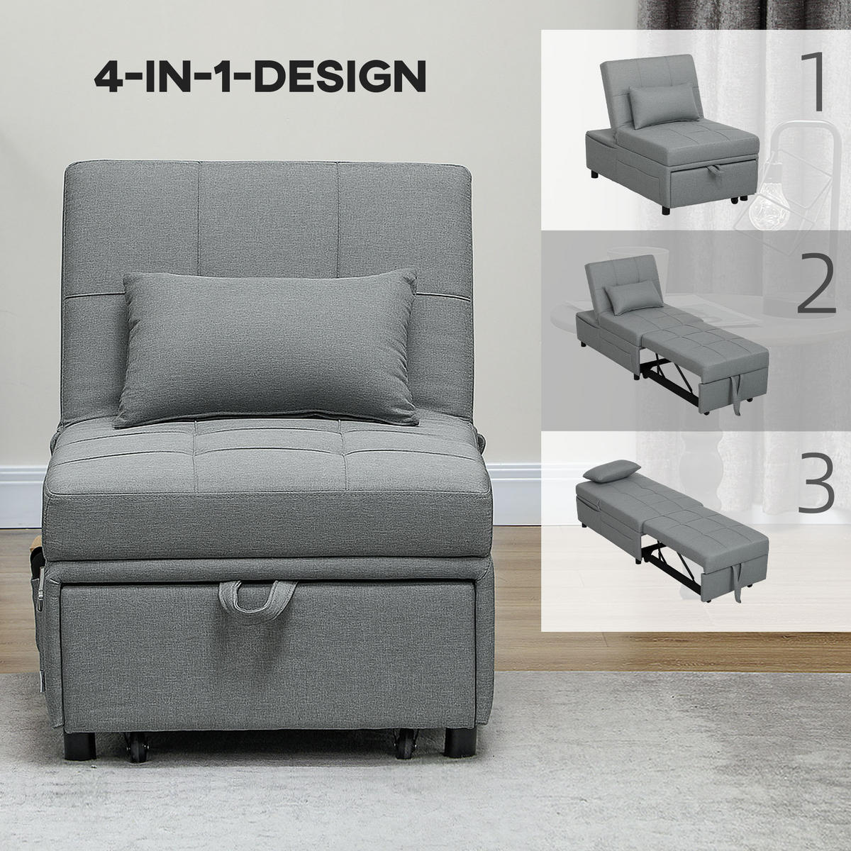 SCHLAFSESSEL 3-in-1, mit Bettfunktion, Hellgrau - Hellgrau, Textil (65.5/81/104cm) - HOMCOM