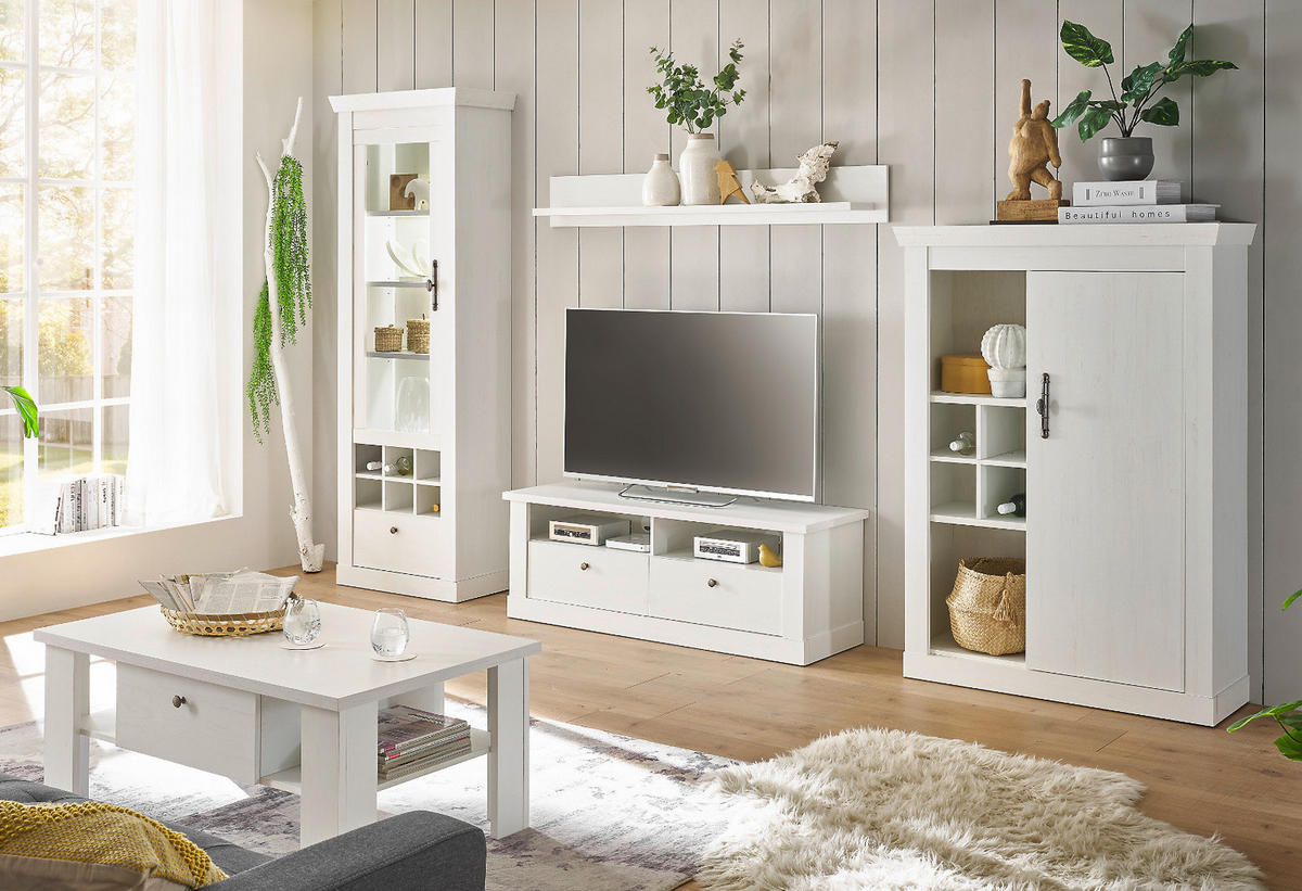 BUFFET weiß Pinie Landhaus, Buffetschrank mit Soft-Close und Beleuchtung - Weiß, Holzwerkstoff/Kunststoff (184/205/44cm) - Furn.Design