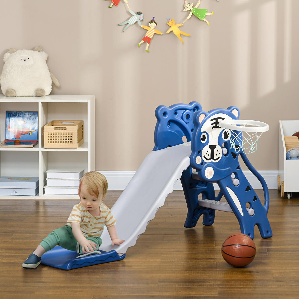 KINDERRUTSCHE DE-17970 3-in-1 mit Basketballkorb & Tigermotiv Blau - Blau, Kunststoff (60/70/133cm) - ComfortXL