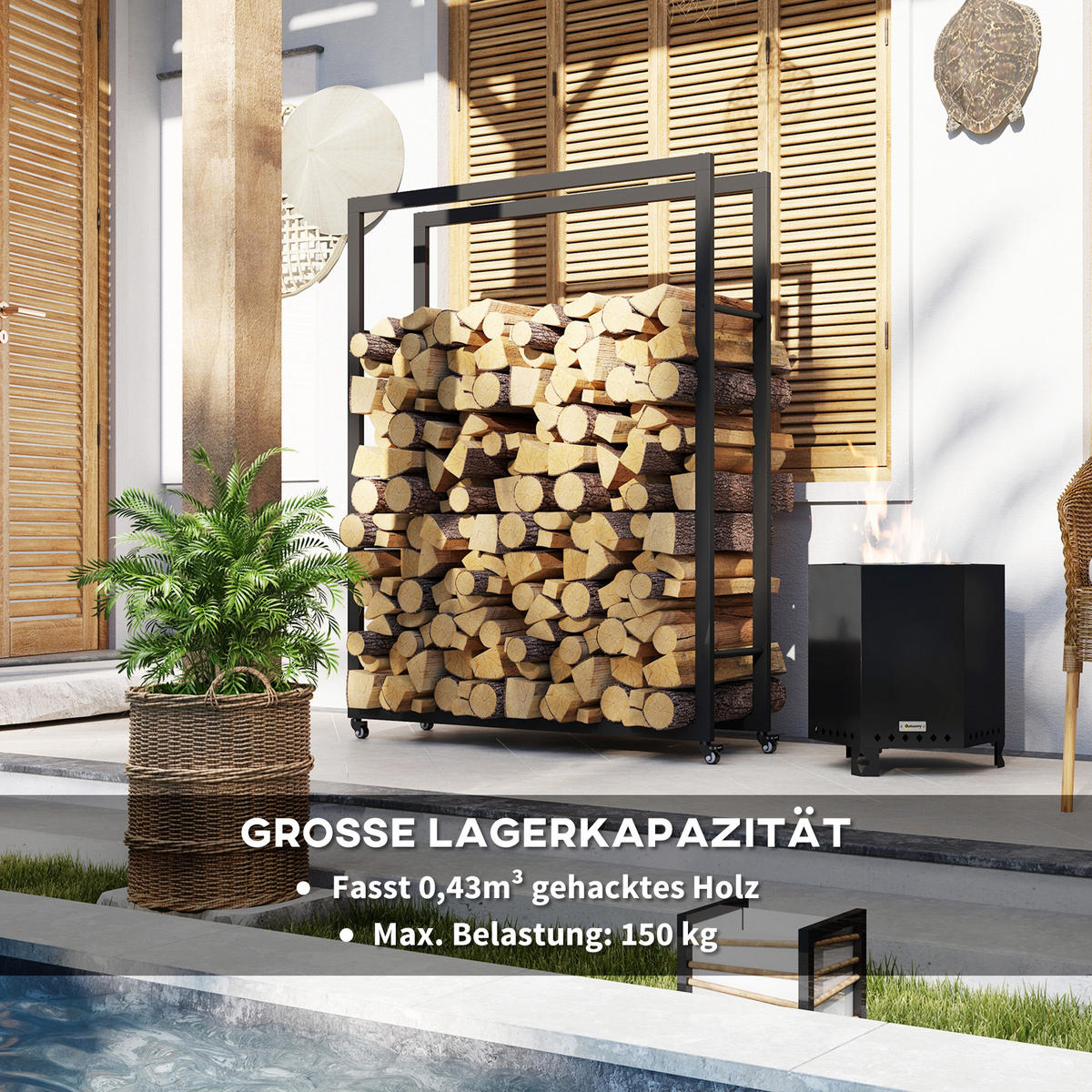 KAMINHOLZREGAL bis 150 kg - Schwarz, Metall (32/151/120cm) - Outsunny