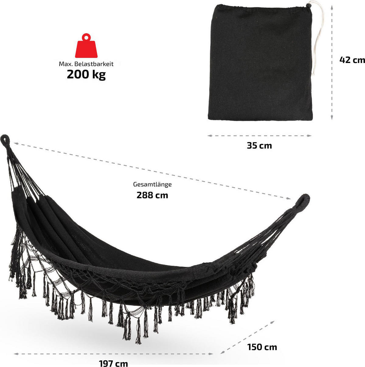 HÄNGEMATTE 200/150 cm, bis 200 kg - Schwarz, Textil (150/1/200cm) - Outtec