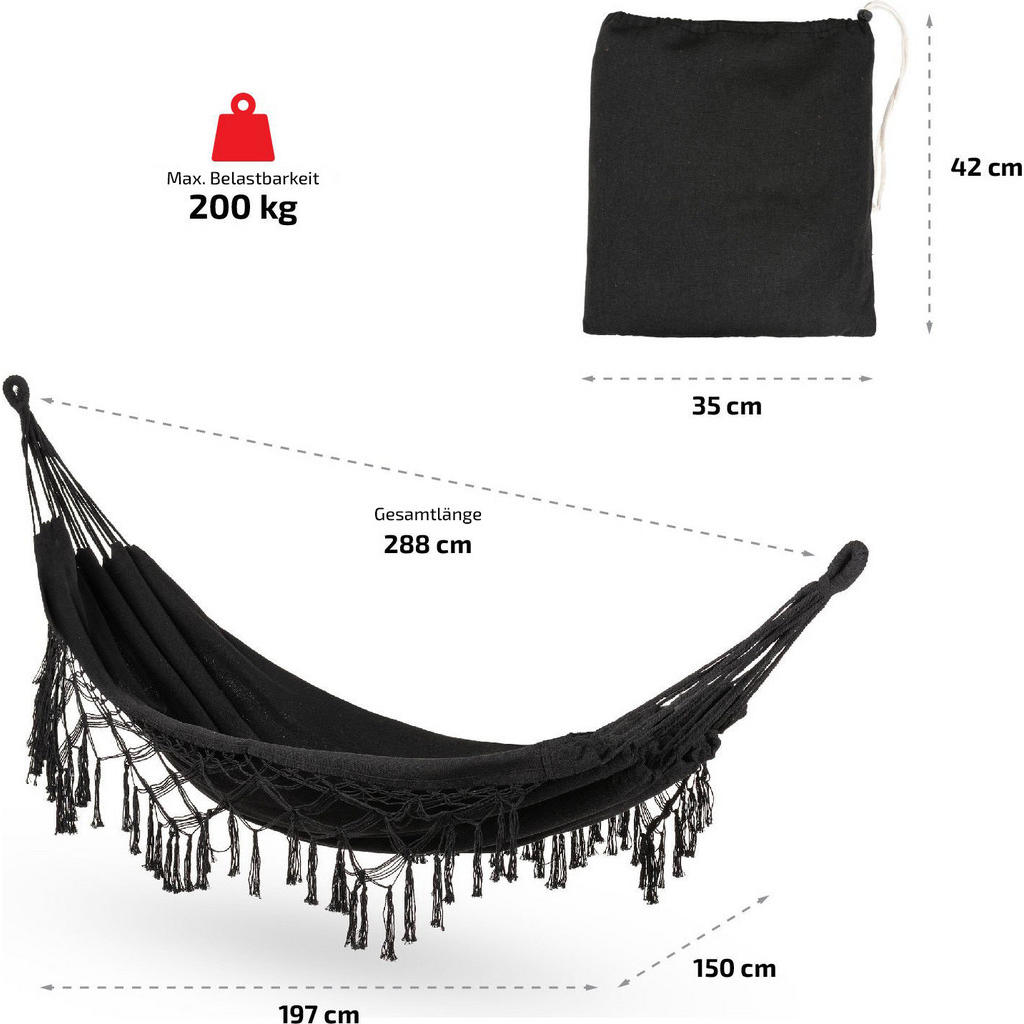 Thumbnail - Outtec Hängematte, Schwarz, Textil, 150x1x200 cm, Gartenmöbel, Hängematten