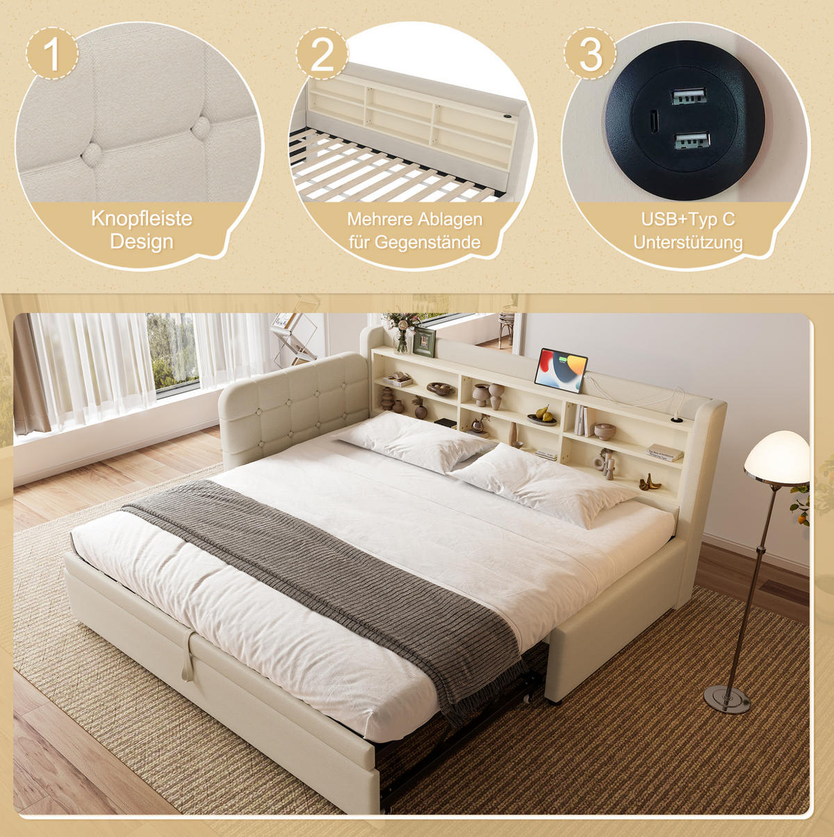 AUSZIEHBETT 90/180 x 200 cm in Beige mit USB- und Type-C-Anschlüssen, Ablagen - Beige, Textil (90/200cm) - Flora Grace