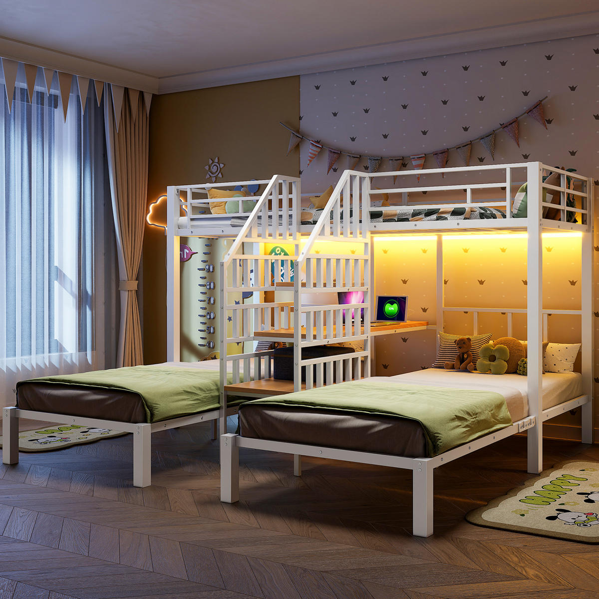ETAGENBETT 90/200 cm mit 3 Schlafplätzen, LED, USB, Steckdose und Schreibtisch aus Metall/MDF, Weiß - Weiß, Metall (90/200cm) - Redom