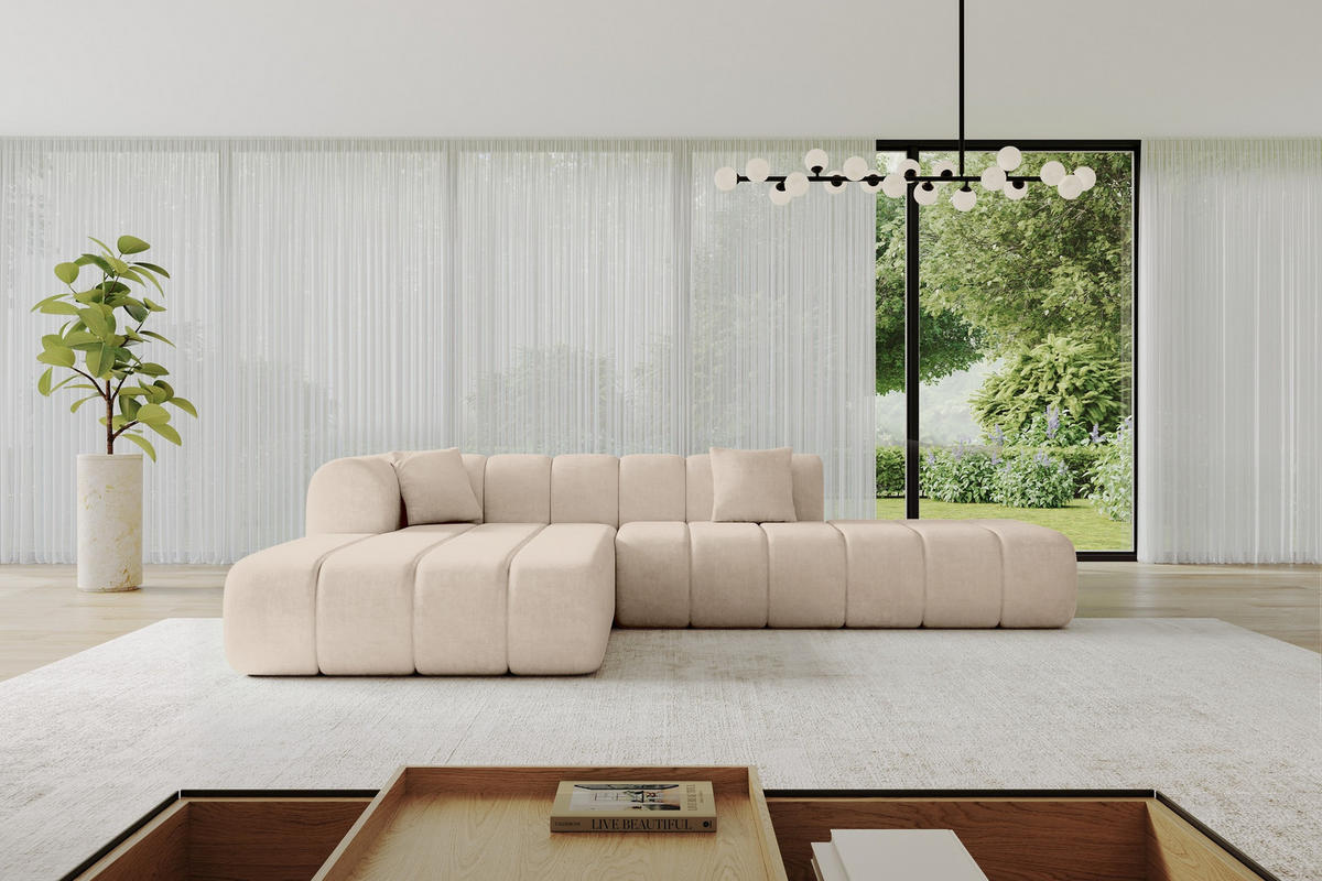 ROHOVÁ SEDAČKA s otomanem, levá BILA-L 289x176x71 Béžová Velur - černá/béžová, kompozitní dřevo/textil (176/289cm) - ALTDECOR