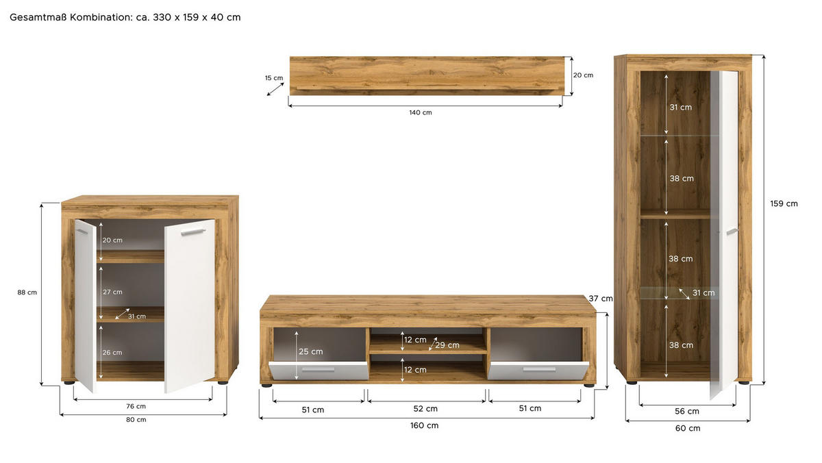 WOHNWAND Milo 4 tlg. (B/H/T: ca. 330/159/40 cm) in Wotan Eiche /weiß - Eiche Wotan, Holzwerkstoff (330/159/40cm)