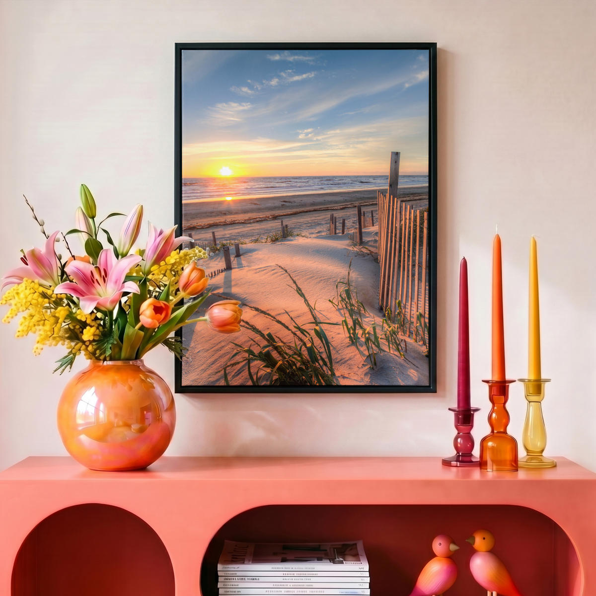 LEINWAND Bilder mit Rahmen - Strand - Meer - Düne - Sonnenuntergang - Landschaft - 30x40 - Beige, Textil (30/40cm) - MuchoWow