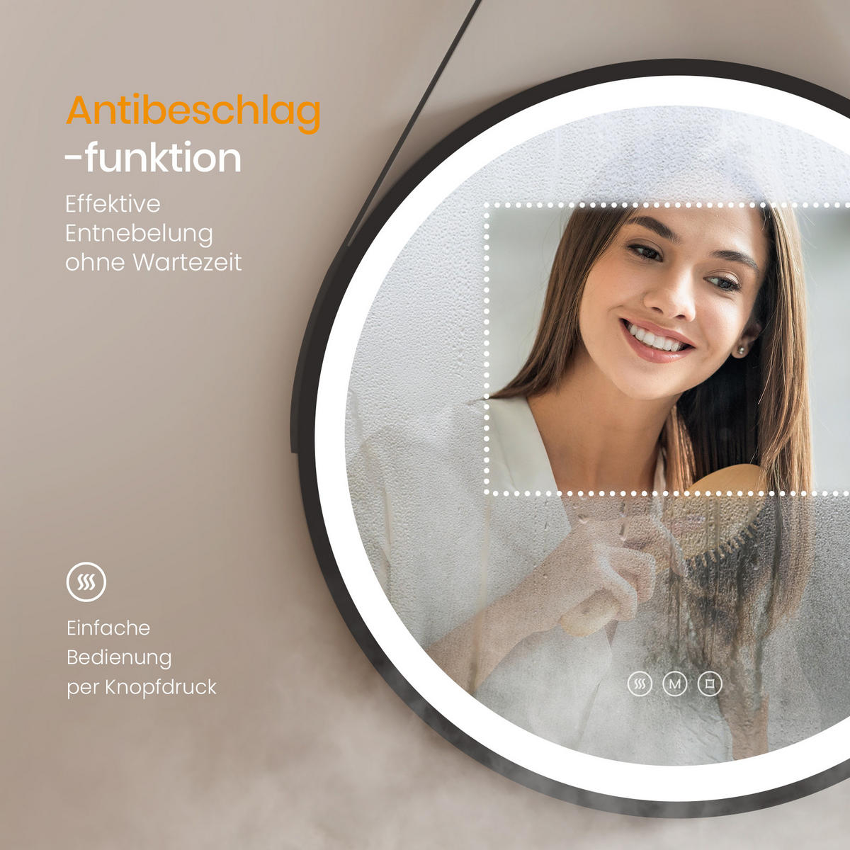 BADSPIEGEL mit Touch-Schalter Beleuchtung mit Hängeriemen Schwarz ф70 cm - Schwarz, Glas (70/3.5/70cm) - EMKE