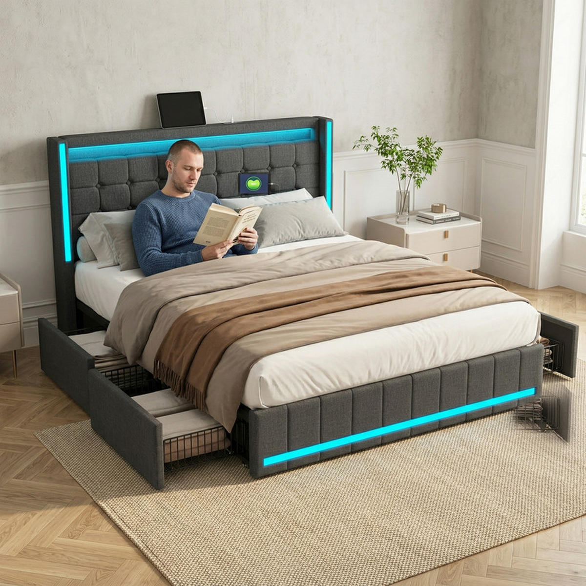 POLSTERBETT 140/200 cm dunkelgrau mit Schubladen, LED und USB - Grau, Holz