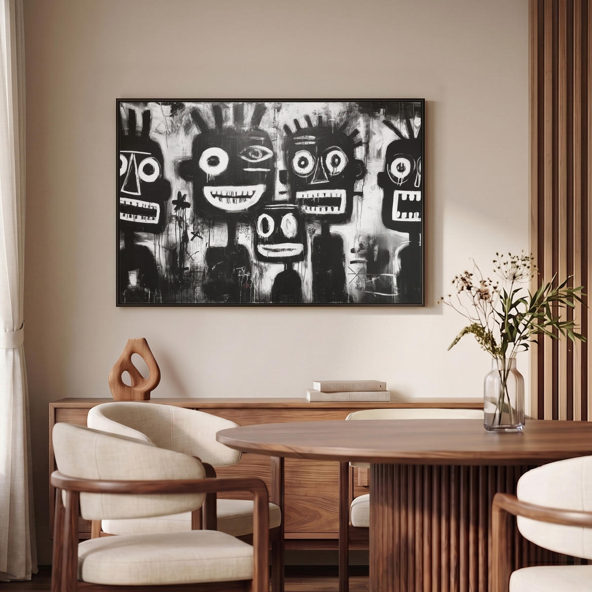 LEINWAND Bilder mit Rahmen - Malerei - Figuren - Schwarz - Abstrakt - 90x60 - Schwarz, Textil (90/60cm) - MuchoWow