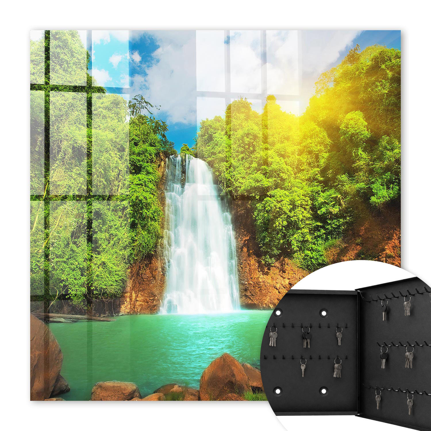 SCHLÜSSELBOX Schwarz 30x30 cm- Türöffnung nach rechts - Tropischer Wasserfall - Grün, Metall (30/30/5cm) - TULUP
