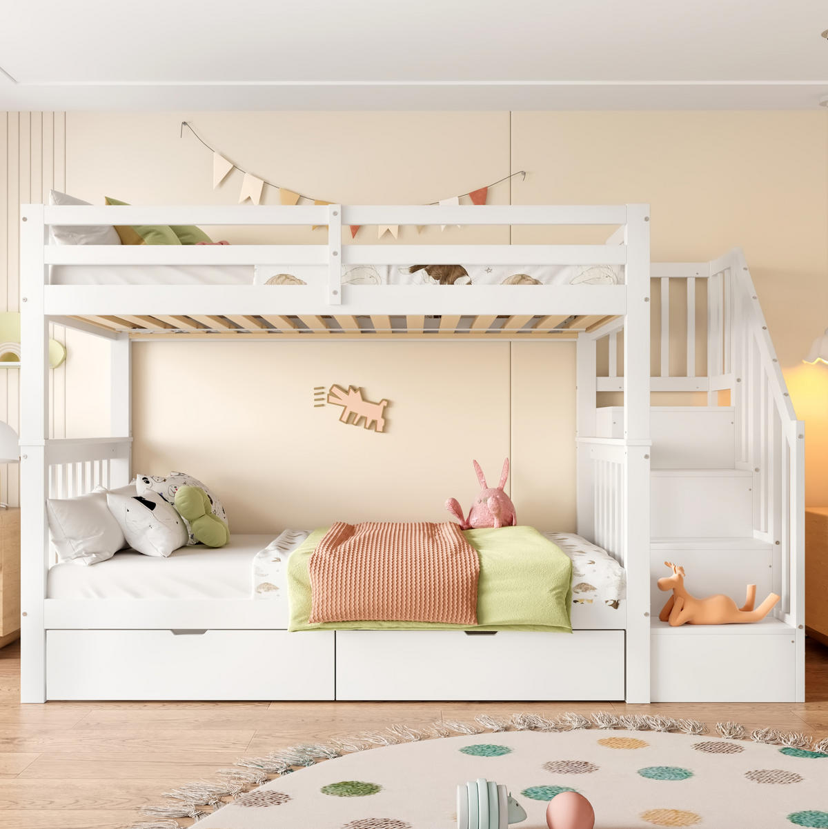 ETAGENBETT 90/200 cm in Weiß mit Treppenregal und 2 Schubladen - Weiß, Holz (90/200cm) - OKMYHOME