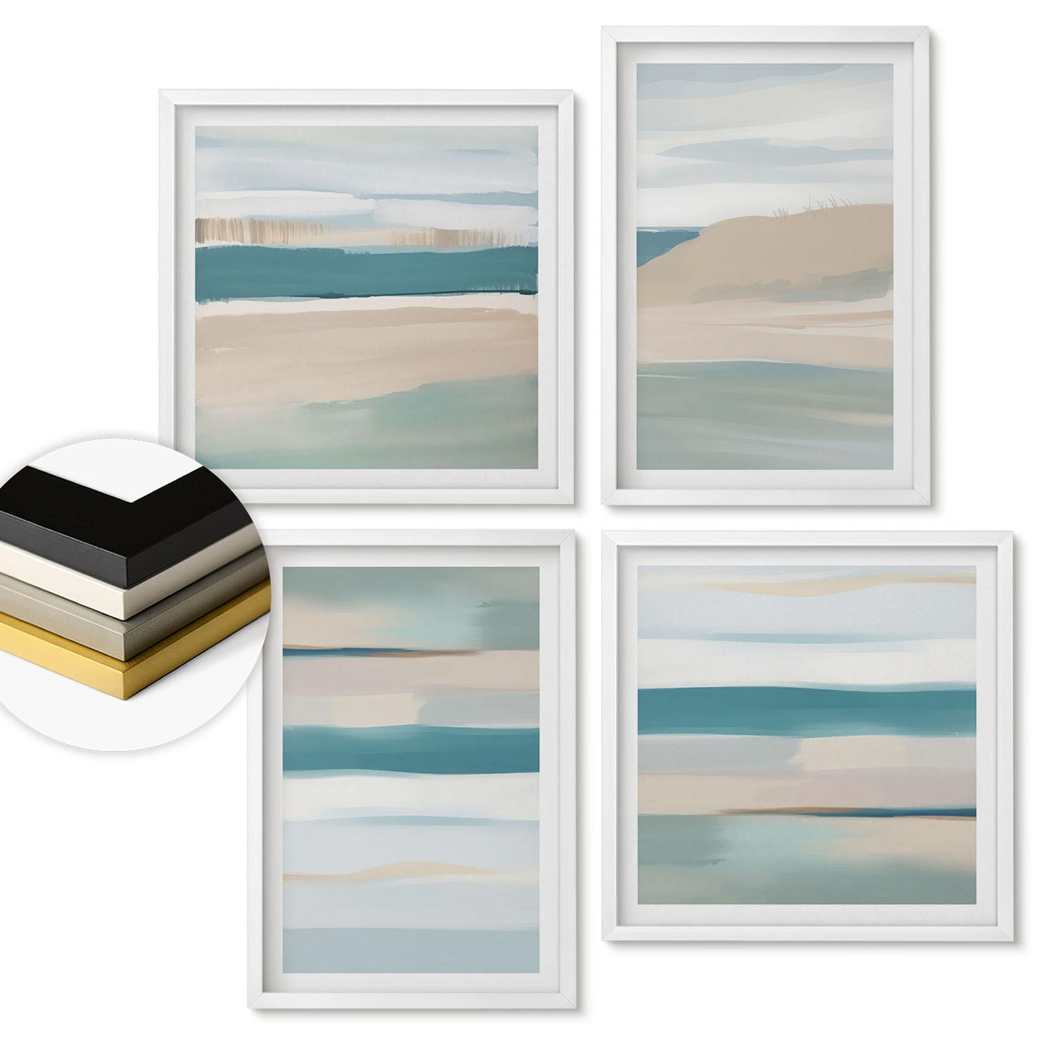 WANDBILDER 4er-Set - 50x50 cm & 40x60 cm Weißer Rahmen - Abstrakte blaue Landschaften - Weiß, Kunststoff (50/50cm) - ArtPrintCave