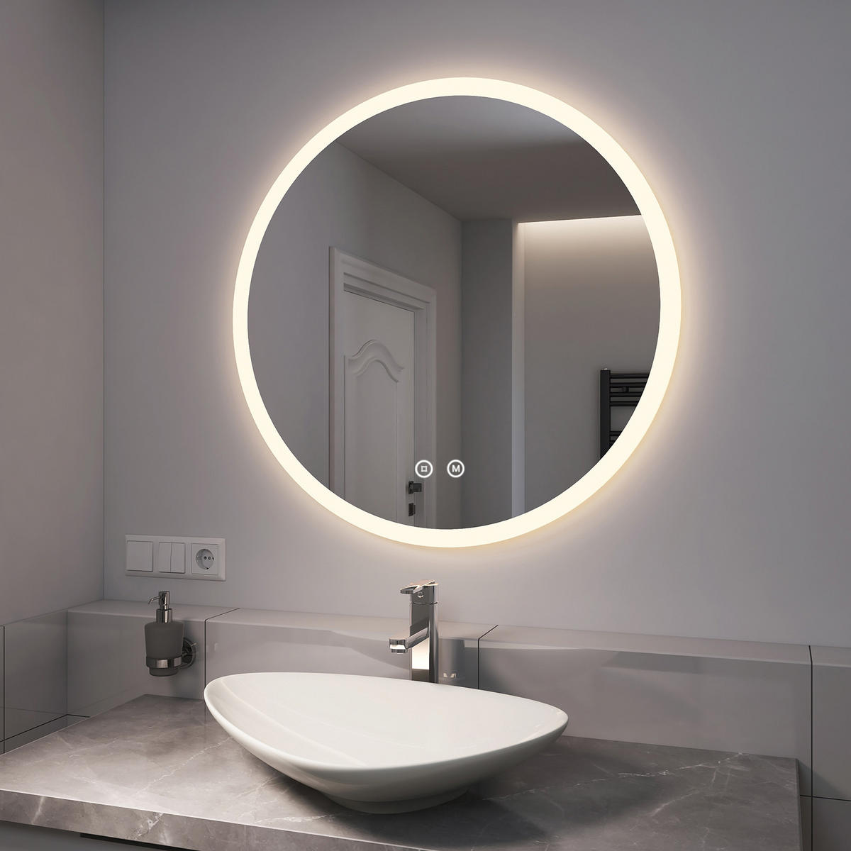 BADSPIEGEL mit Beleuchtung 3 Lichtfarben einstellbar beschlagfrei ф80 cm - Weiß, Glas (80/3.5/80cm) - EMKE