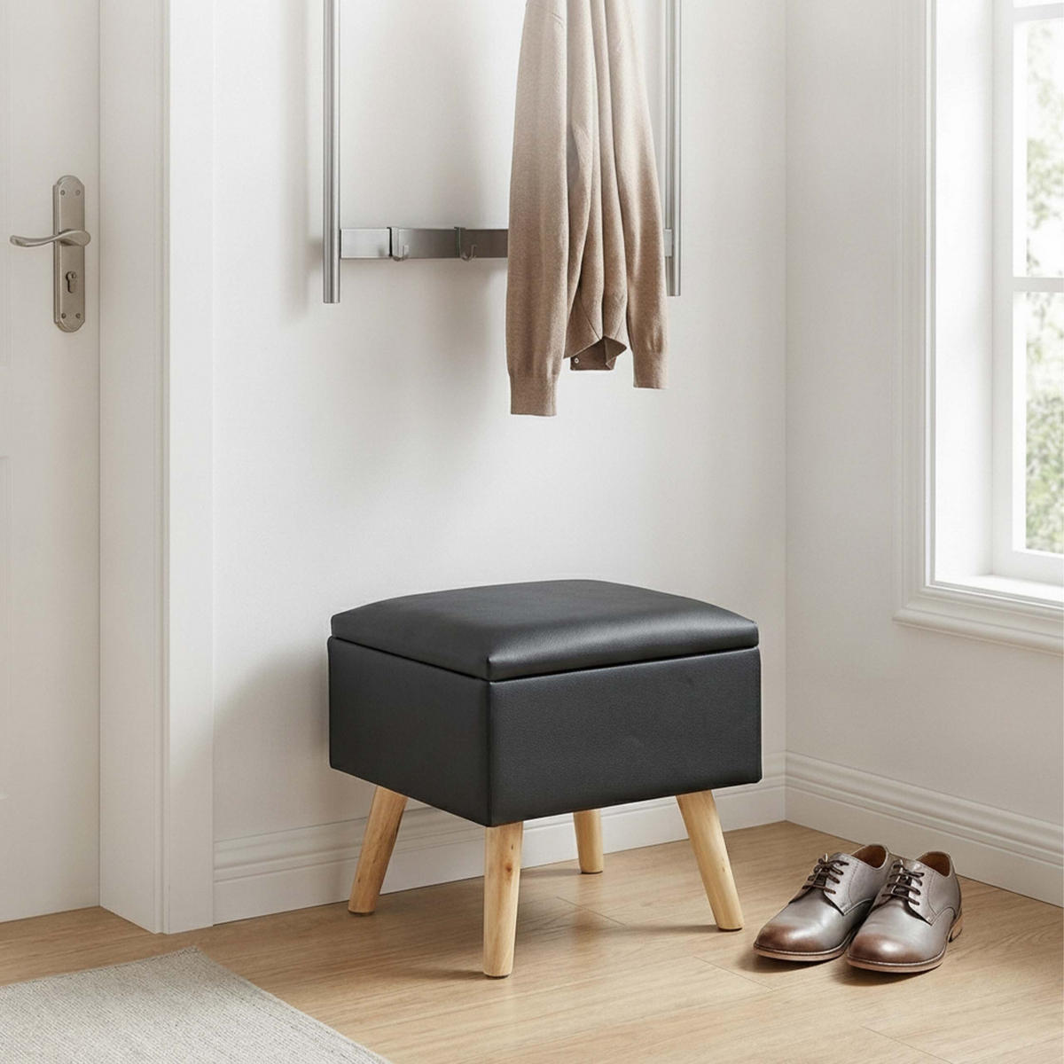 PUFF Svart med förvaring i konstläder - Multicolor, Trä/Träbaserade material (40/40/40cm) - Relaxdays