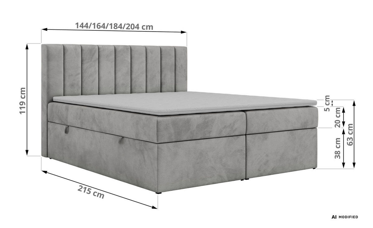 BOXBETT ALVER 200/200 - Hellgrau Velvet - Topper T25 - H3 - Hellgrau/Schwarz, Kunststoff/Textil (200/200cm) - MKS