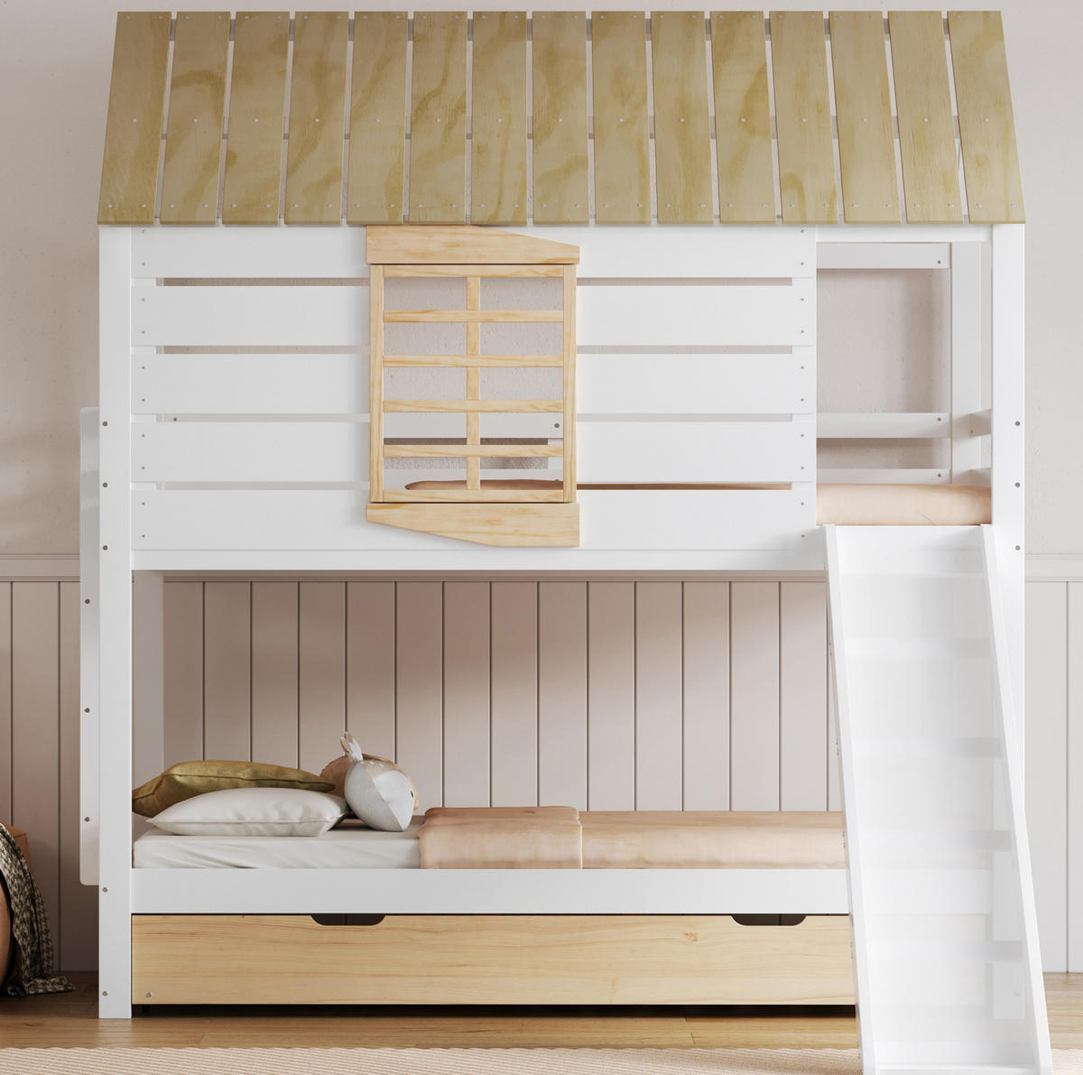 ETAGENBETT aus Kiefer und MDF 90x200 cm Weiß/Natur mit Rutsche, Ausziehbett und Hausdach - Weiß, Holzwerkstoff (90/200cm) - Modfu
