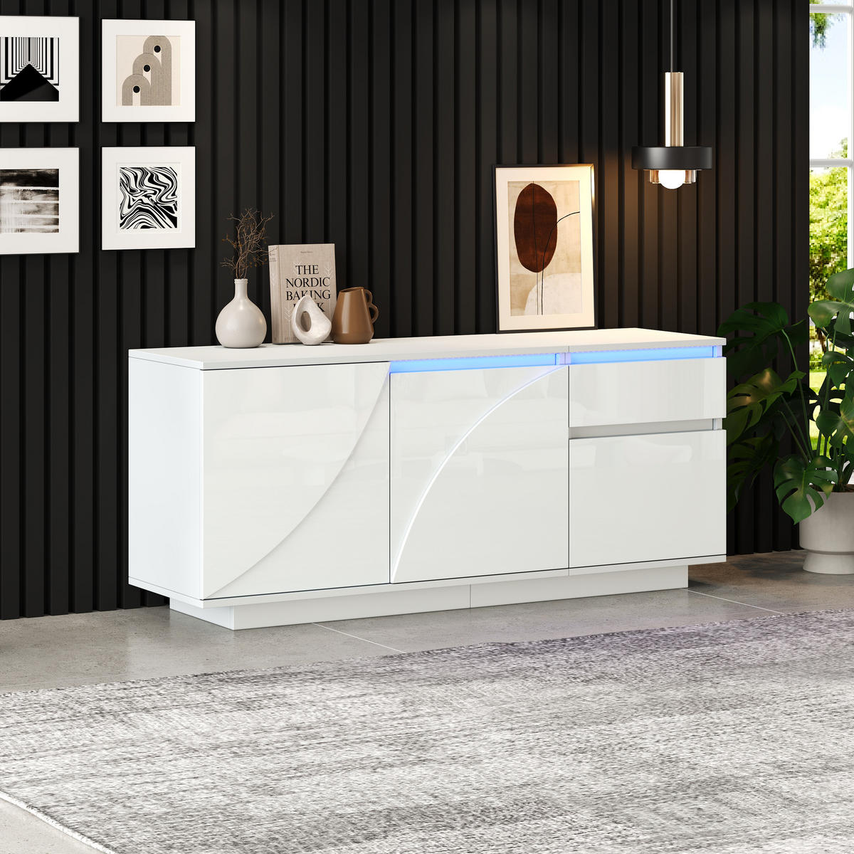 SIDEBOARD LED Weiß 3 Türen 1 Schublade 140x40x60cm Hochglanz - Weiß, Holzwerkstoff (40/60/140cm) - FLIEKS