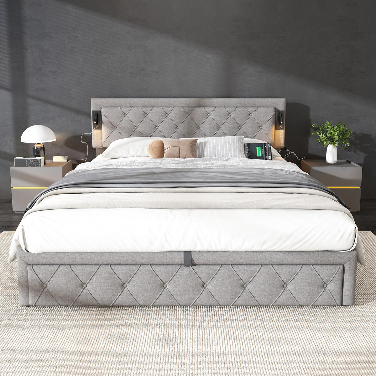 BETT mit Stauraum, USB und Downlight Leinen Grau - Grau, Metall (180/200cm) - Meubliv