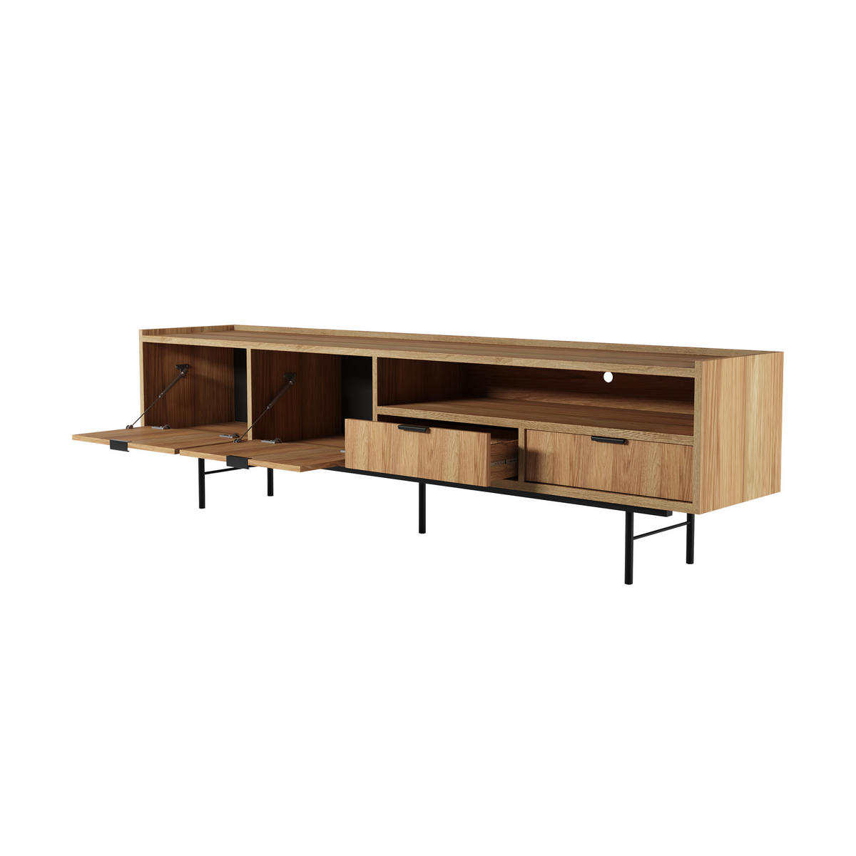 WOHNWAND Evron 2-teilig Bücherregal 90 cm + TV-Board 200 cm, Hikora Eiche - Eichefarben/Schwarz, Holzwerkstoff/Metall (200/185/35cm) - Beautysofa
