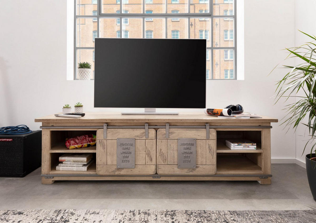 TV-BOARD Mango 180x55x50 whitewash lackiert RAILWAY #335 - Beige, Holz (55/50/180cm) - Massivmoebel24
