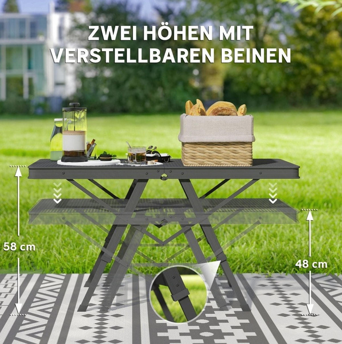GARTENTISCH aus Metall 90x40,5x48/58 cm Schwarz mit höhenverstellbar & klappbar - Schwarz, Metall (90/40.5/58cm) - Modfu
