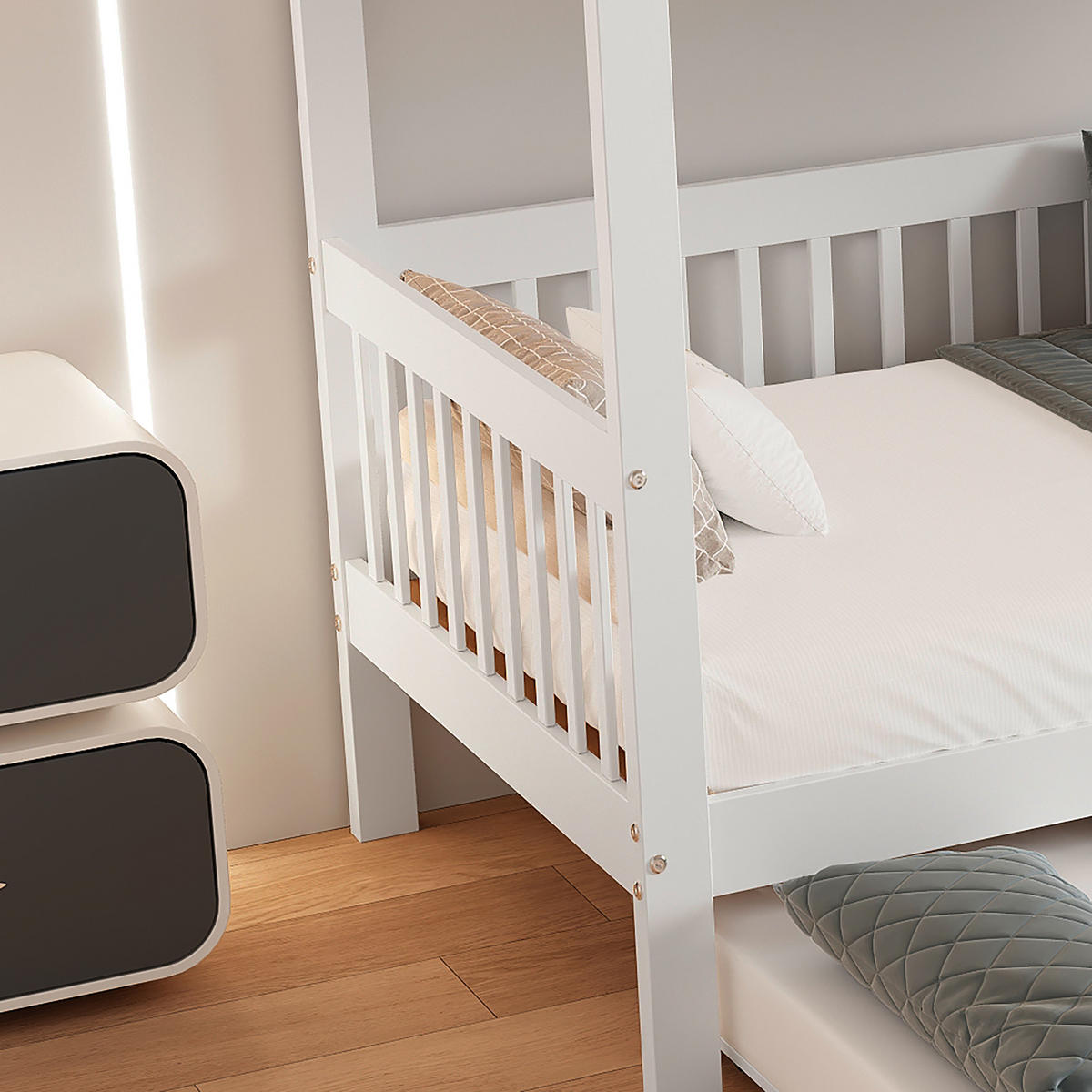 ETAGENBETT 90/200 cm & 90/190 cm in Weiß mit Rollbett, Leiterschrank und Handlauf - Weiß, Holzwerkstoff (90/200cm) - STILVORA