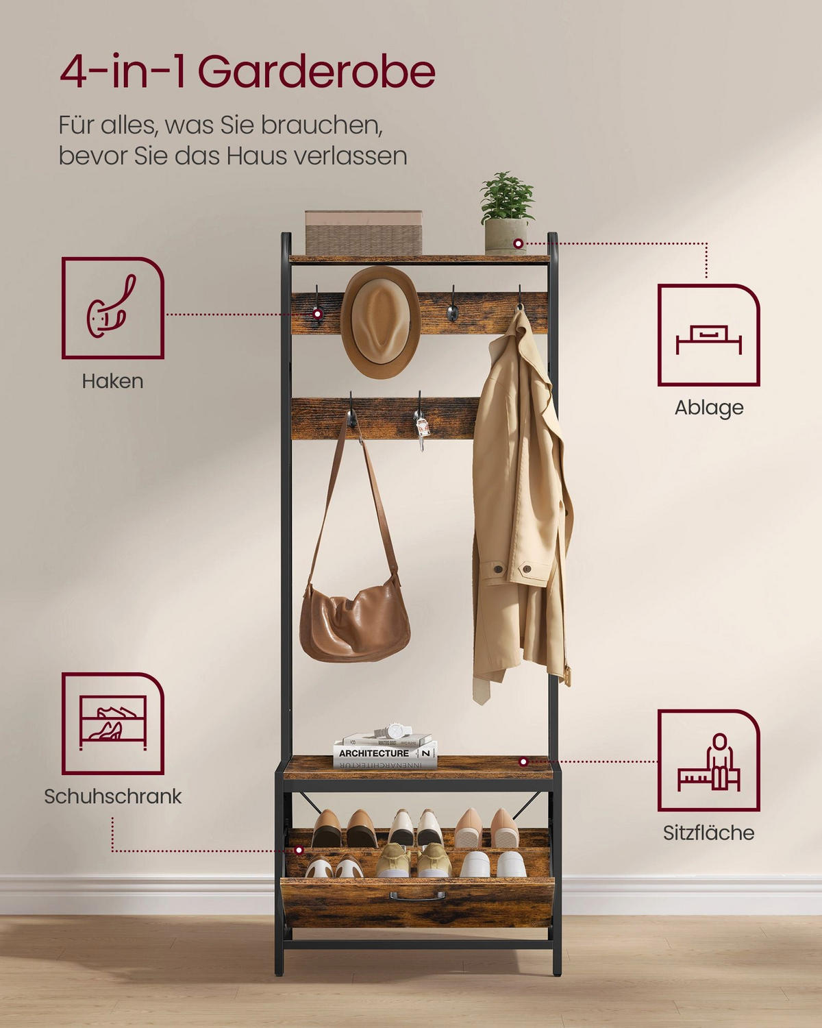 GARDEROBENSTÄNDER LISBON - Braun, Holzwerkstoff (65/170/40cm) - Hansiro