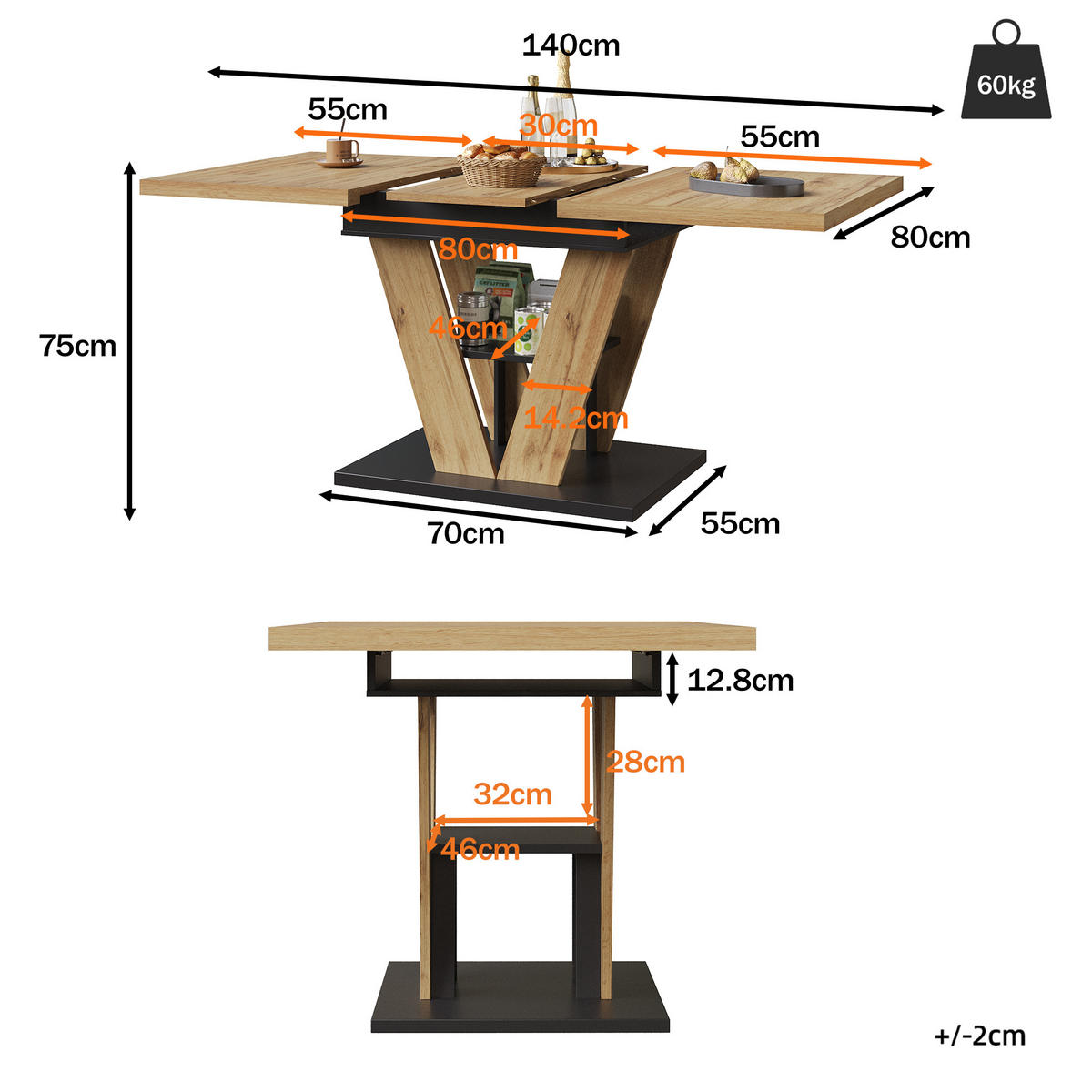 ESSTISCH Ausziehbar 110-140 cm Natural Wood mit verstecktem Staufach - Sonoma Eiche, Holzwerkstoff (80/110/75cm) - Urban Meuble