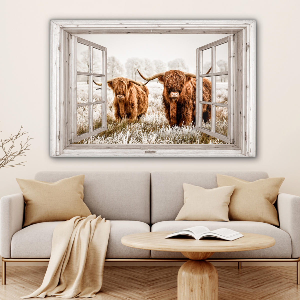 LEINWANDBILD Durchblick - Schottische Highlander - Tiere Wohnzimmer Groß 120x80 cm - Hellbraun, Textil (120/80cm) - MuchoWow