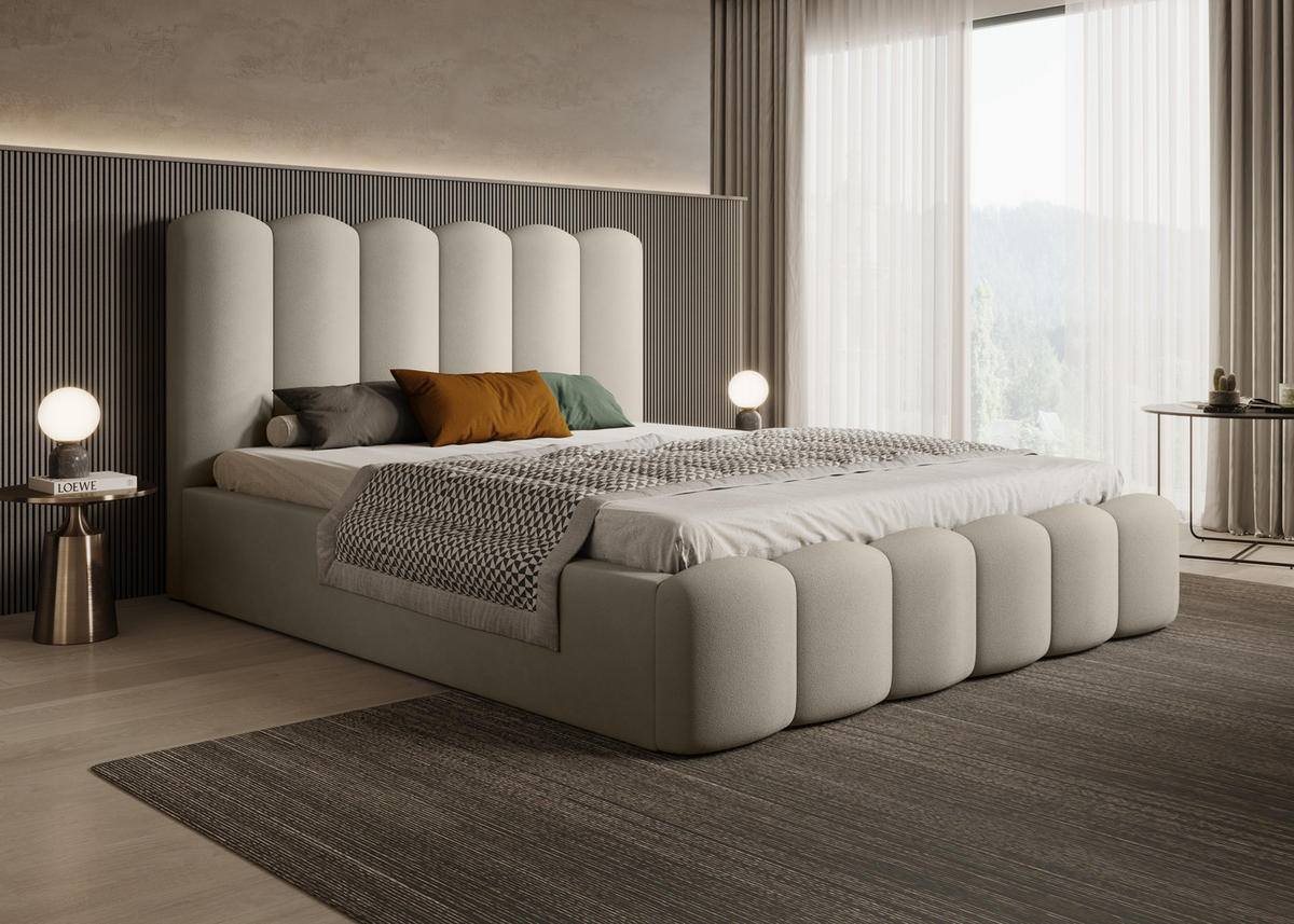 POLSTERBETT Modernes Polsterbett Mona V 180x200 cm – Komfortables Bett mit Stauraum & Halbwalzen-Design, Beige - Beige/Schwarz, Holzwerkstoff/Kunststoff (180/200cm) - DomoHome