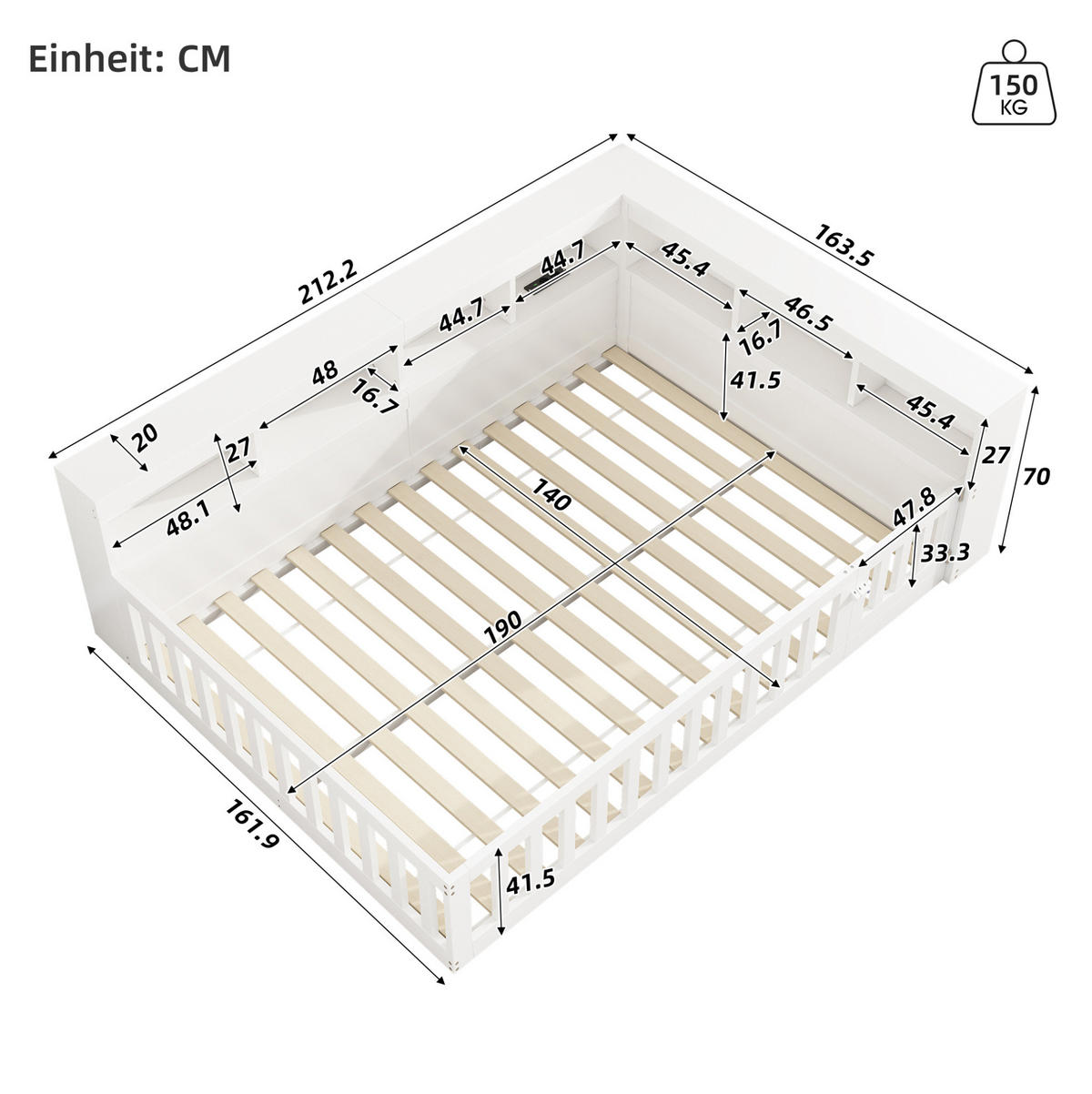 KINDERBETT aus Spanplatte & MDF 140x190 cm in Weiß mit Stauraum & USB - Weiß, Holzwerkstoff (140/190cm) - Modfu