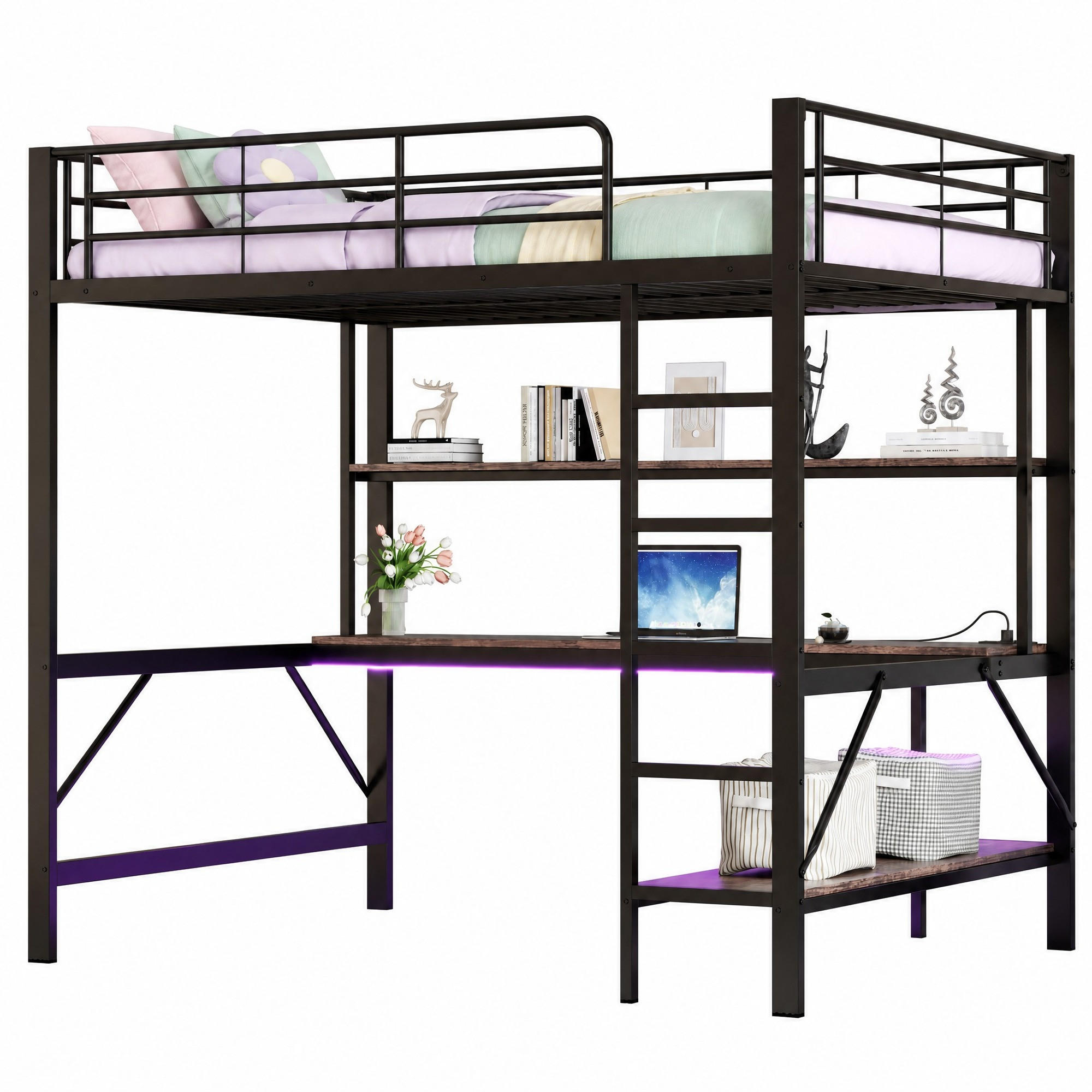 HOCHBETT 140/200 mit LED, USB, Steckdose und Schreibtisch in Schwarz - Schwarz, Holz/Holzwerkstoff (140/200cm) - EVRYAE