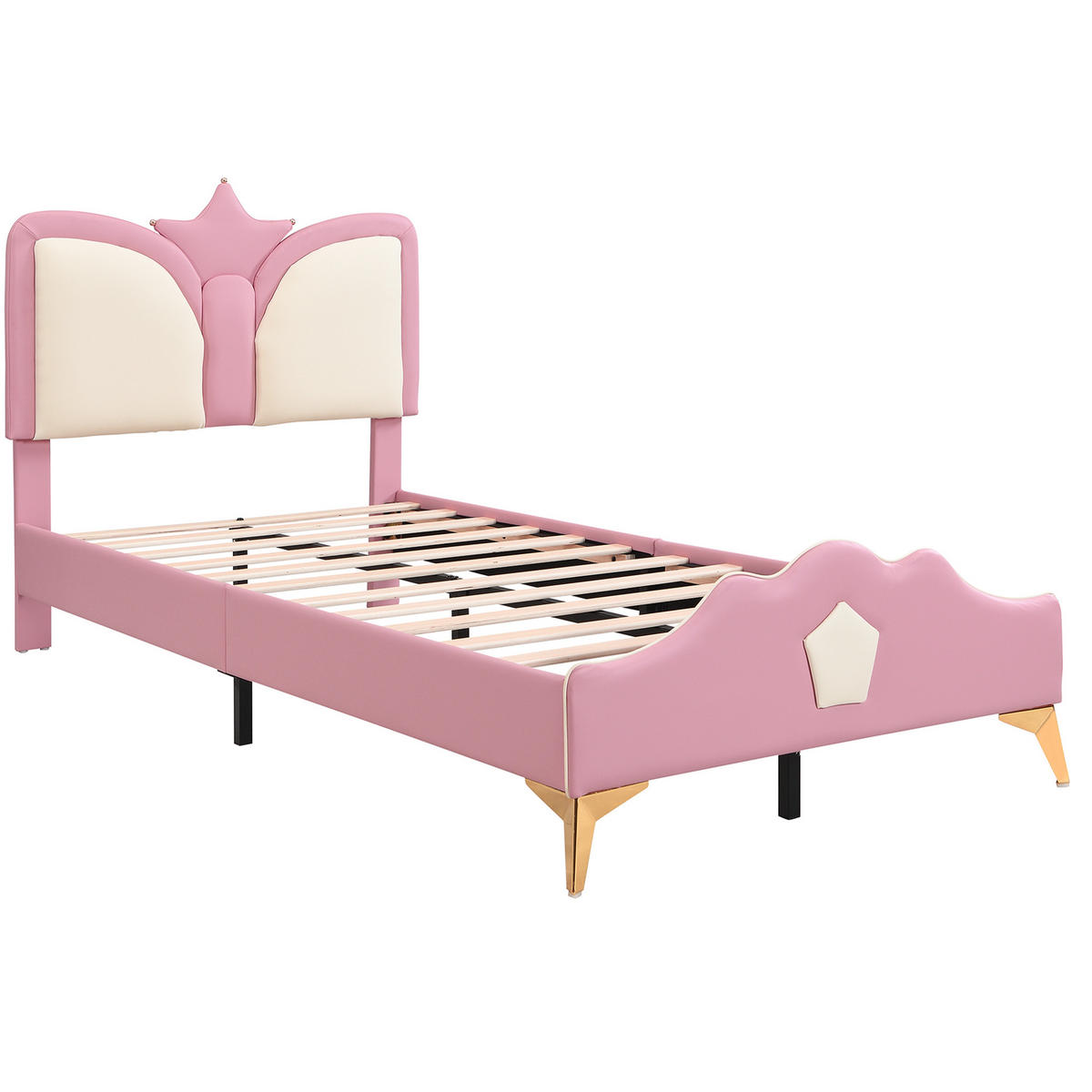 KINDER Polsterbett 90x200 mit Kronen Kopfteil, Einzelbett für Mädchen, gepolstertes Bett fürs Kinderzimmer, rosa-weiß - Rosa, Kunststoff (90/200cm) - Luhomfu